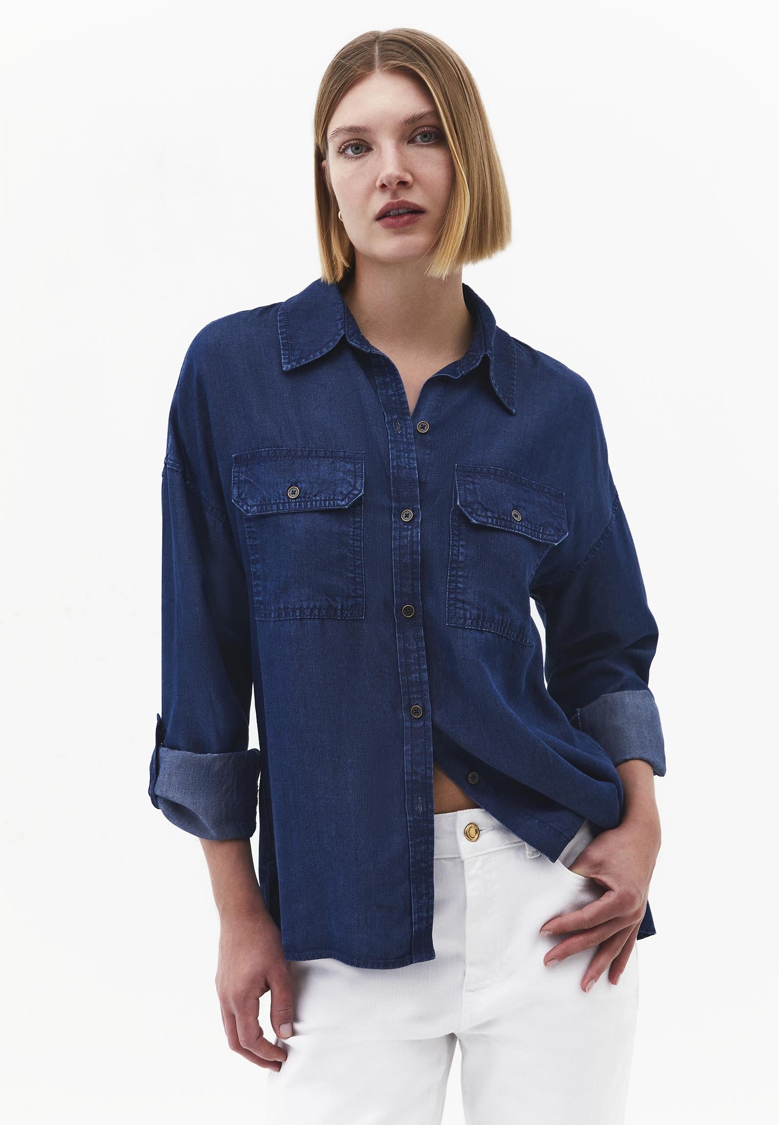 Shirt Collar Long Sleeve Shirt - MID BLUE DENIM