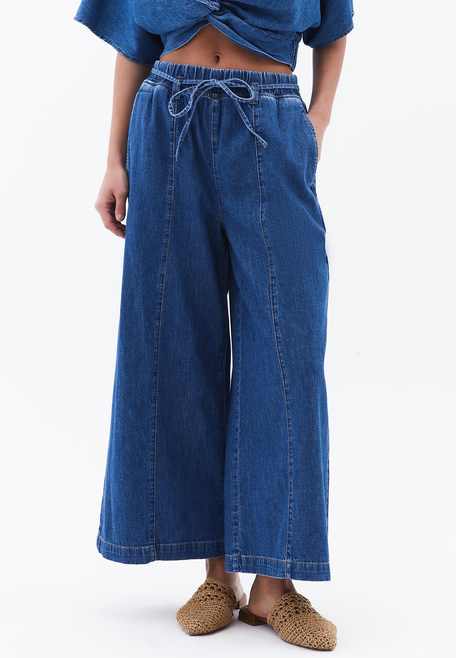 Wide Leg High Waist Cropped Pants - MID BLUE DENIM