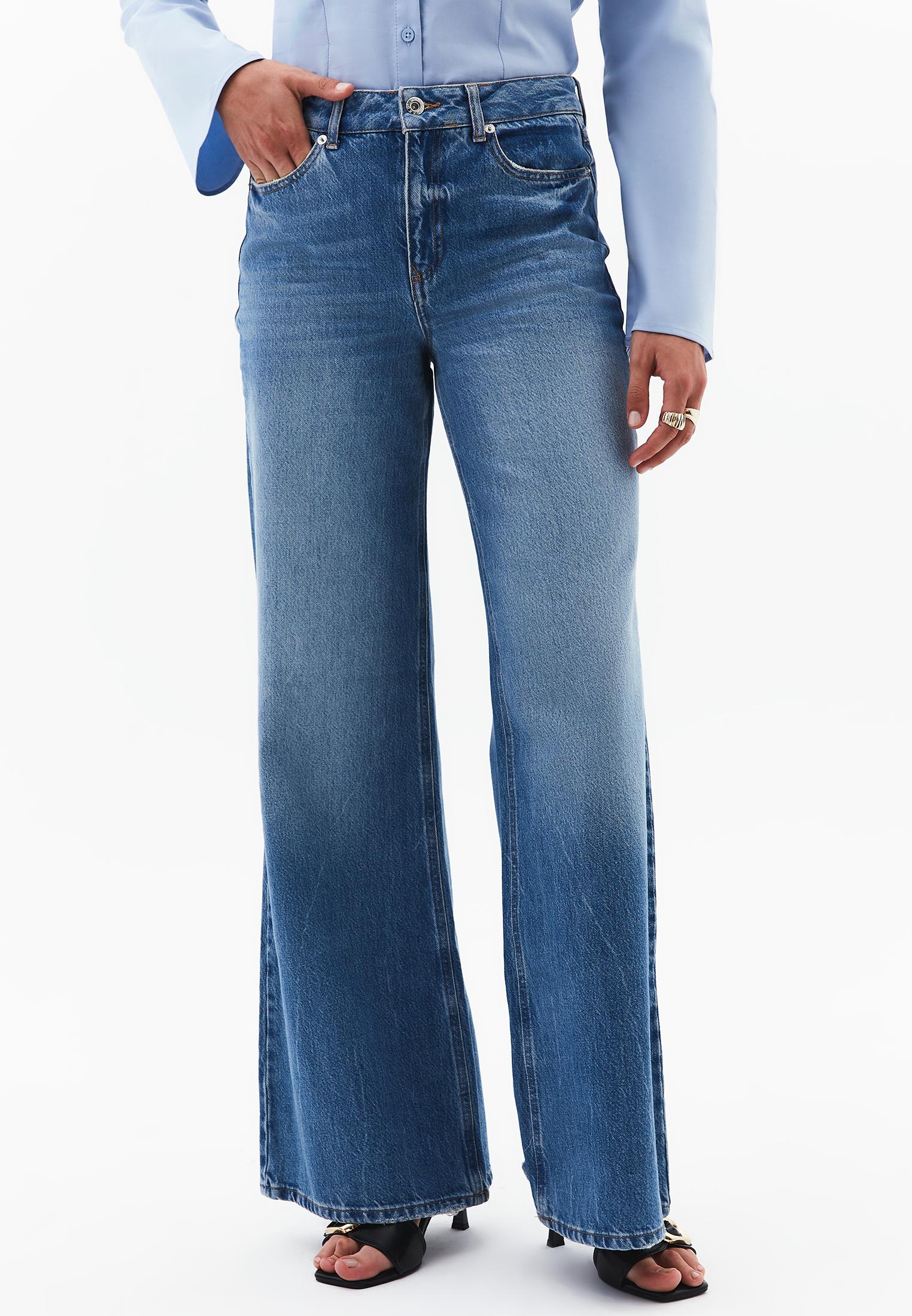 Wide Leg Standard High Waist Denim Pants - MID BLUE DENIM