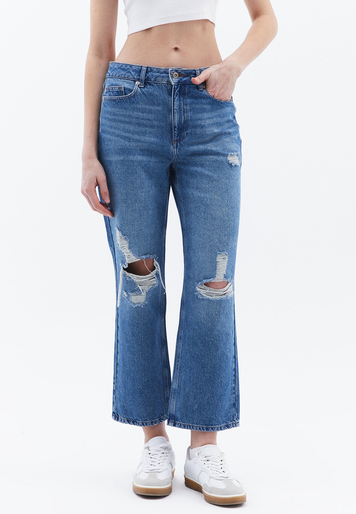 High Waist Five Pocket Straight Leg Denim Pants - MID BLUE DENIM