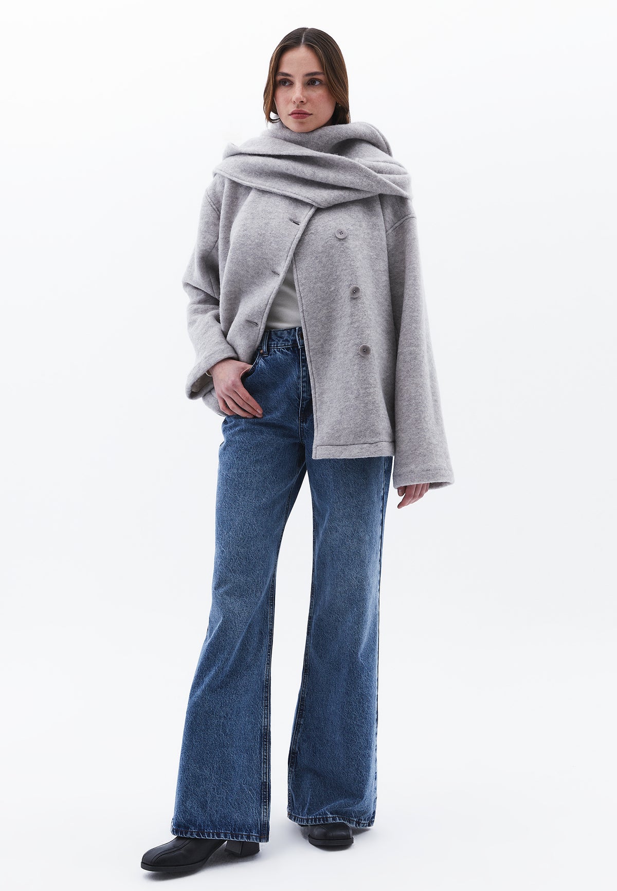 Wide Leg High Waist Pants - MID BLUE DENIM