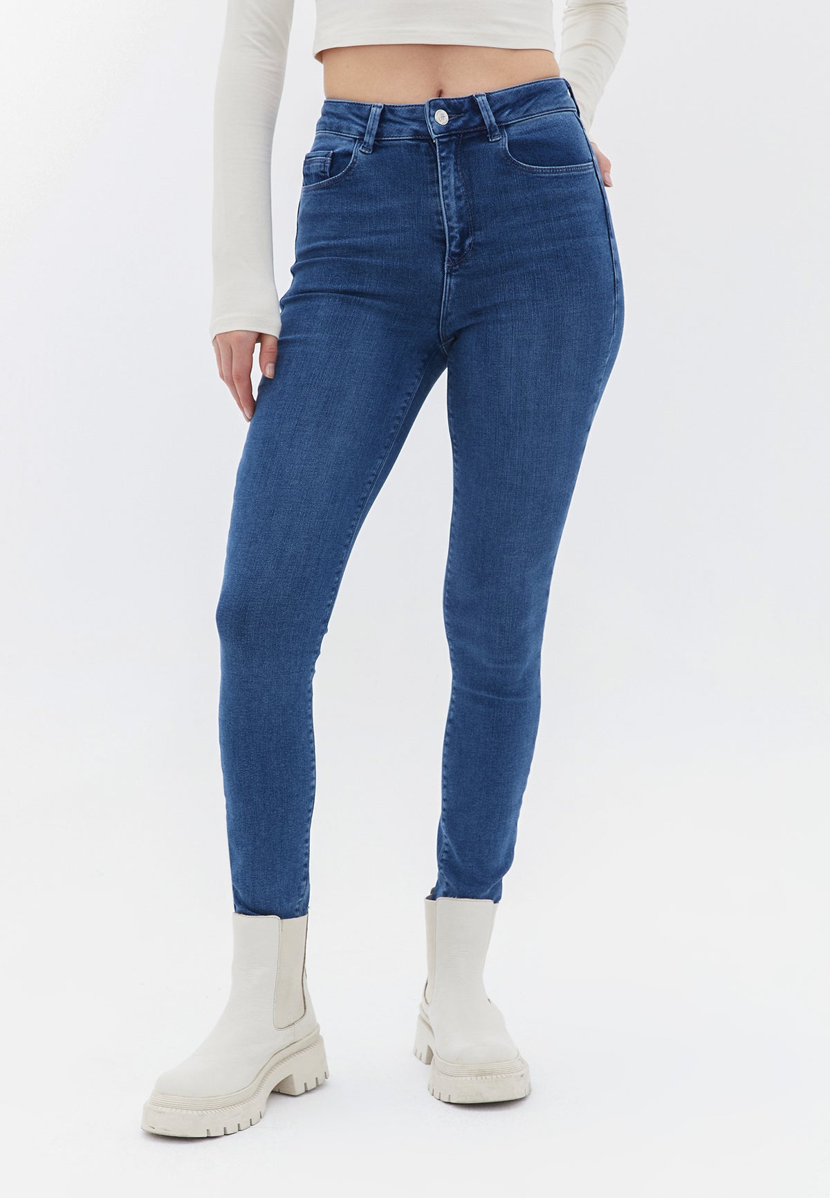 High Waist Skinny Leg Denim Pants - MID BLUE DENIM