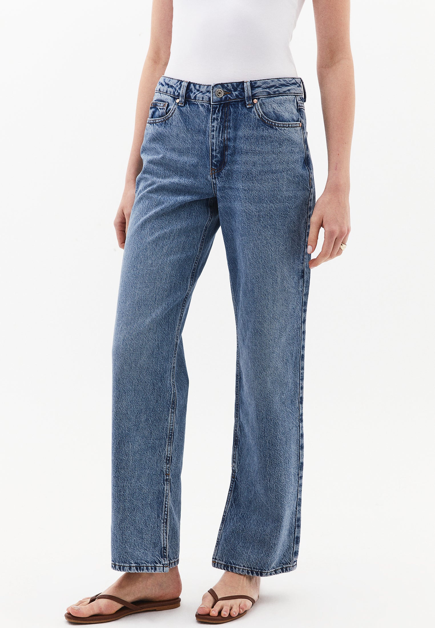 Straight Leg Denim Pants - MID BLUE DENIM