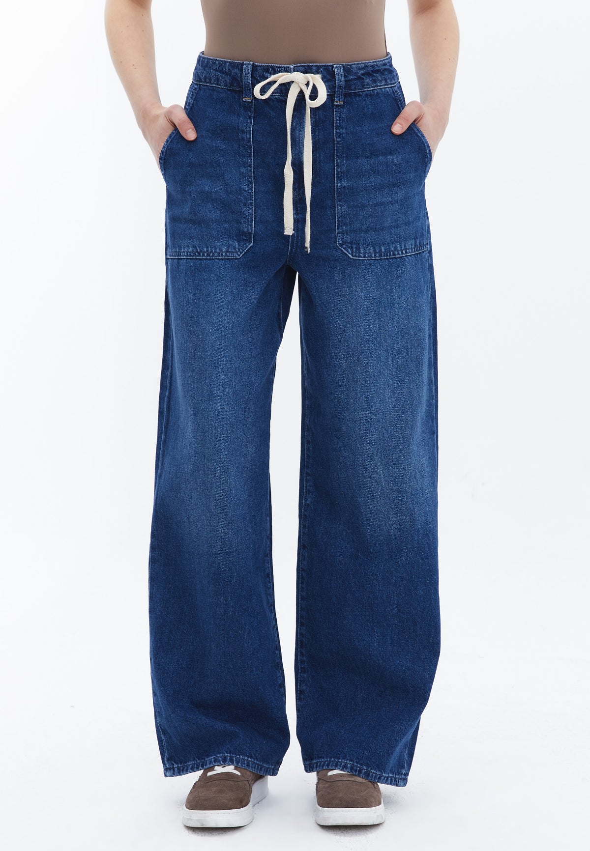 Low Waist Barrel Leg Denim Pants - MID BLUE DENIM
