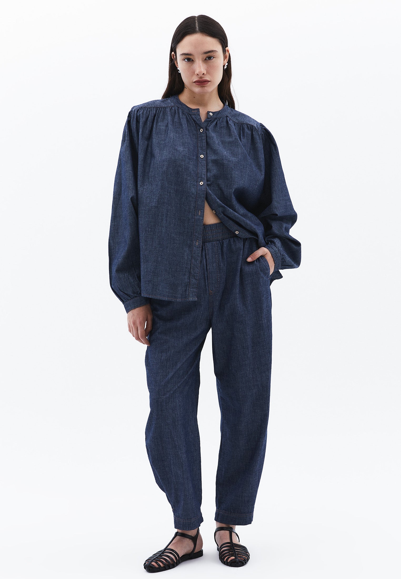 Oversized Buttoned Denim Shirt - MID BLUE DENIM