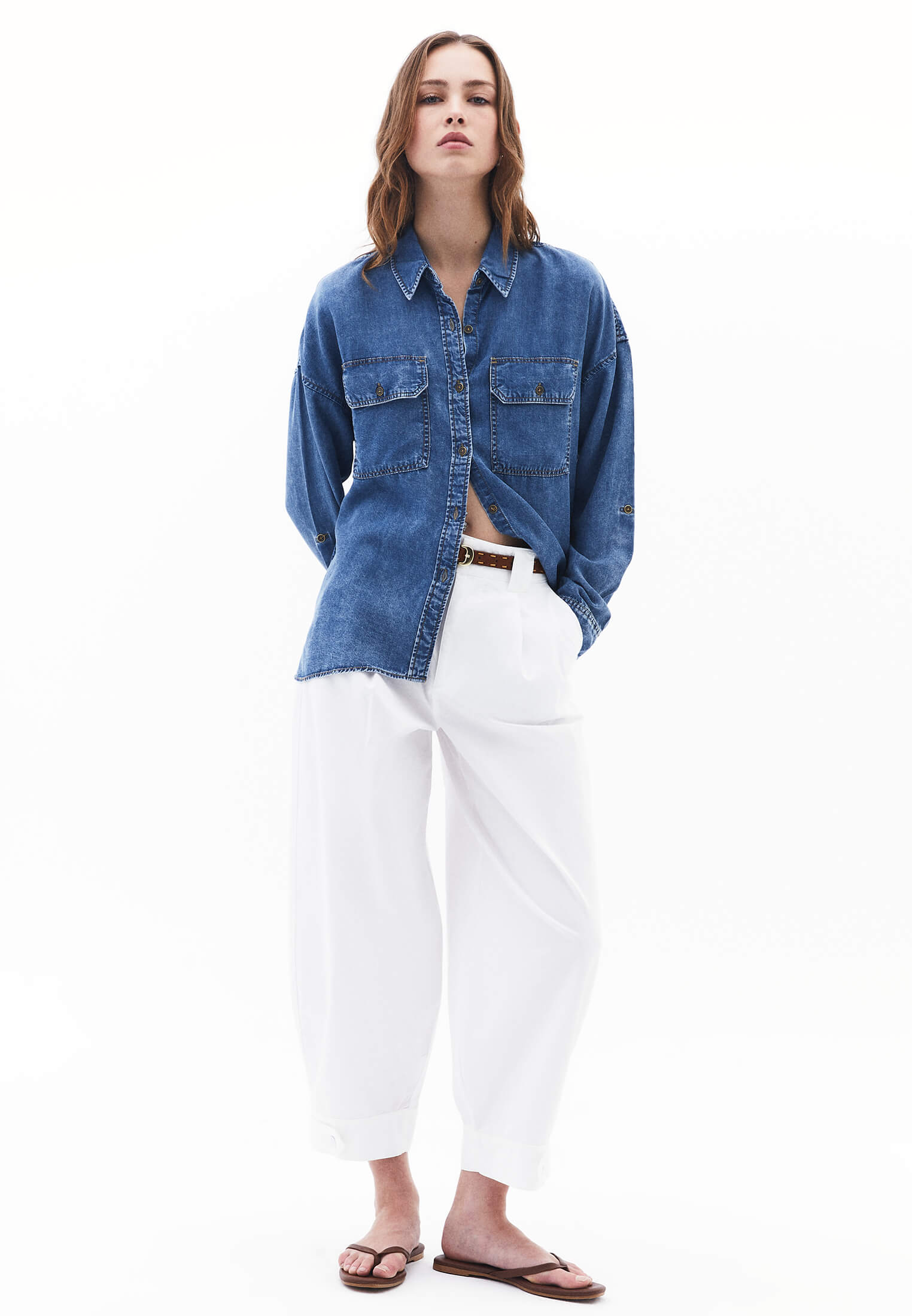 Long Sleeve Loose Fit Shirt With Pockets - MID BLUE DENIM