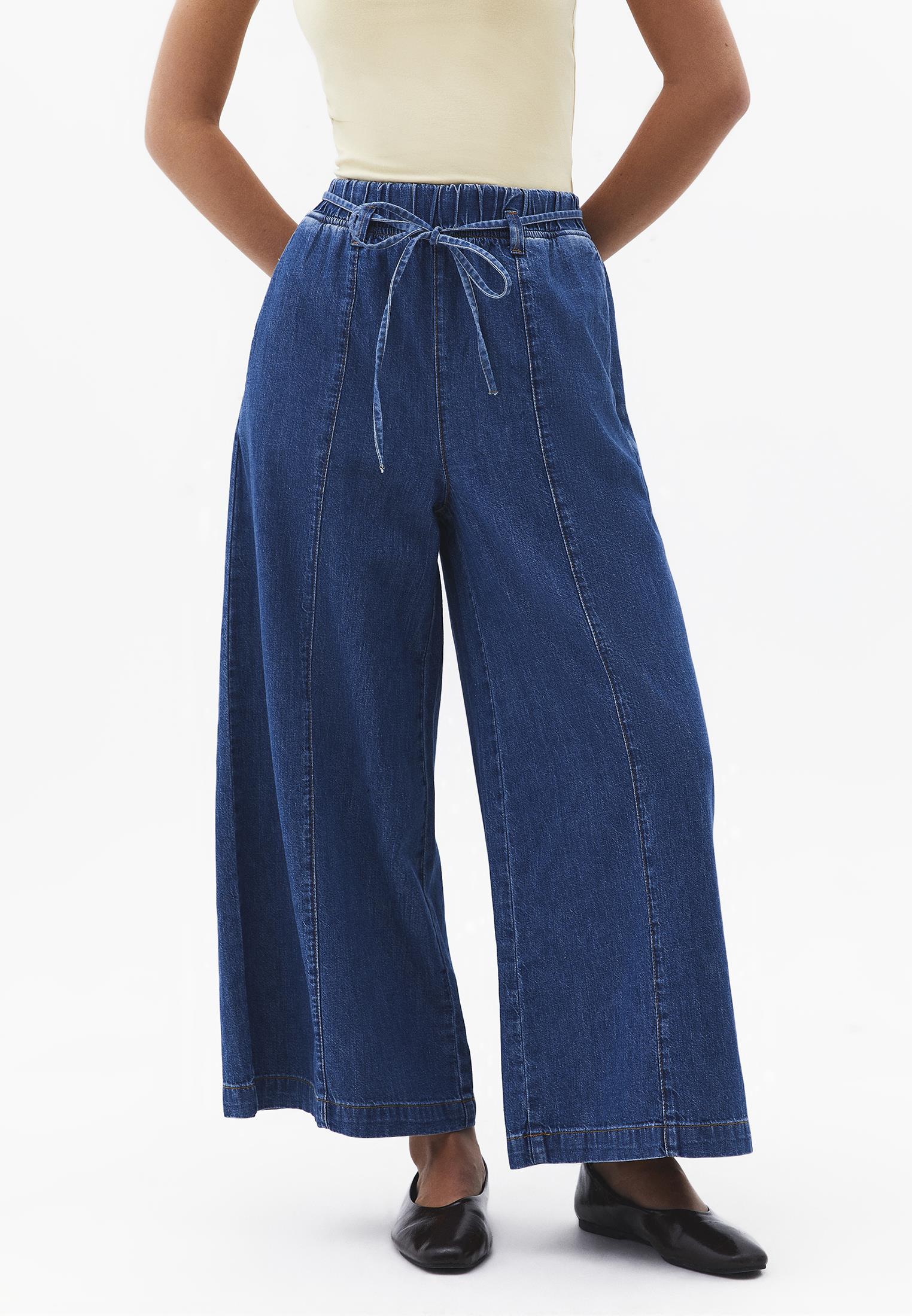 High Waist Cropped Culotte Denim Pants - MID BLUE DENIM