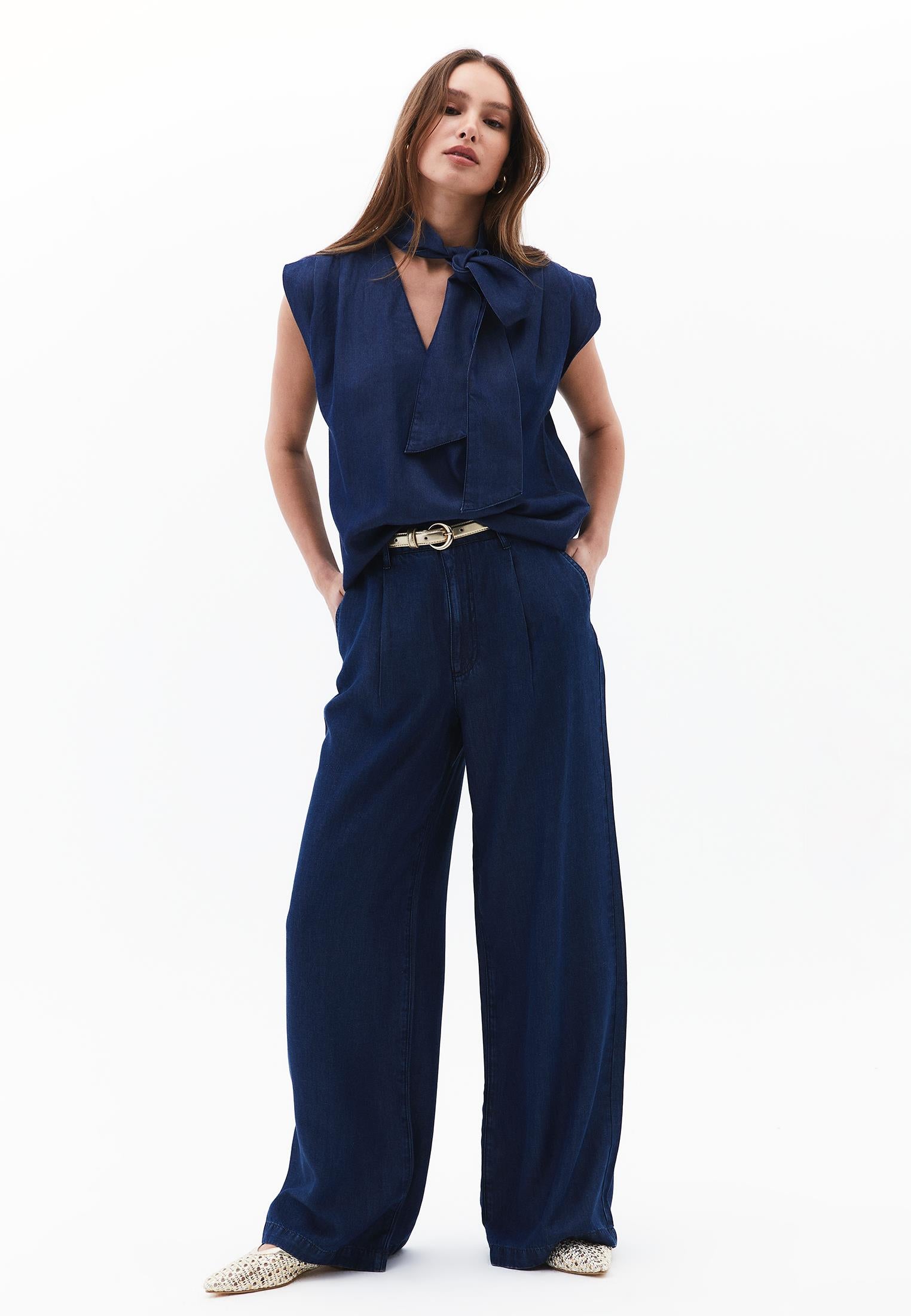 Tencel Blouse With Bow Detail - MID BLUE DENIM