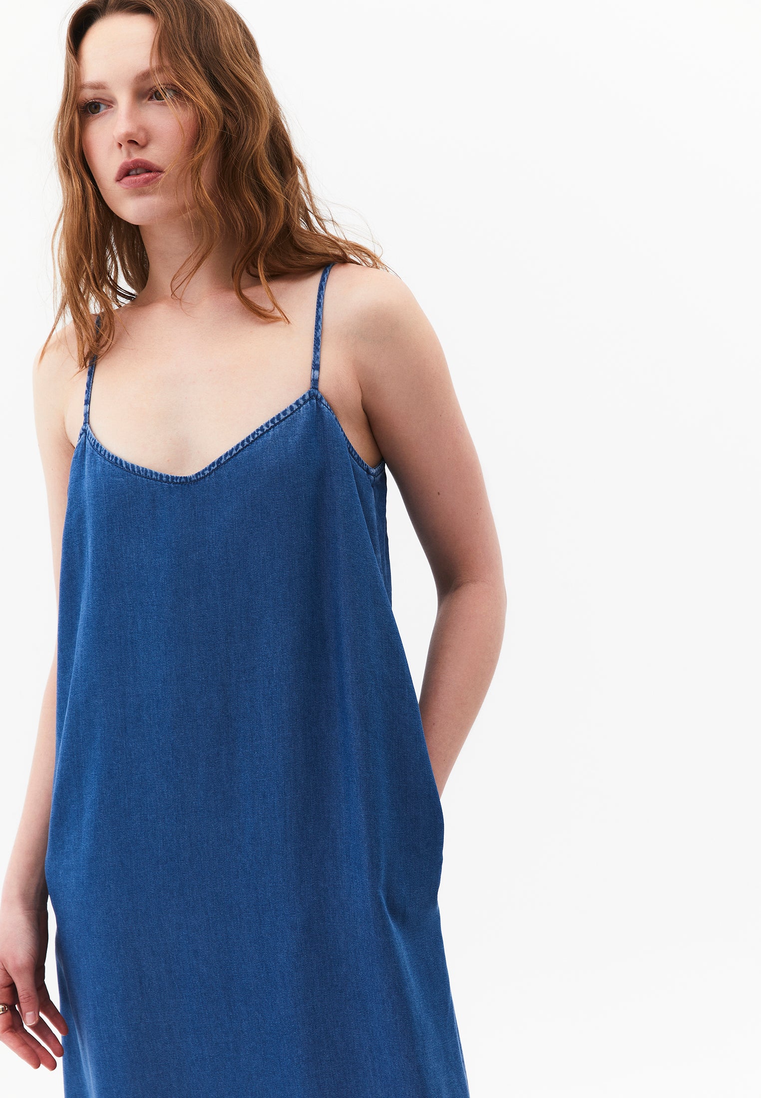 Midi Strappy A-Line Dress - MID BLUE DENIM