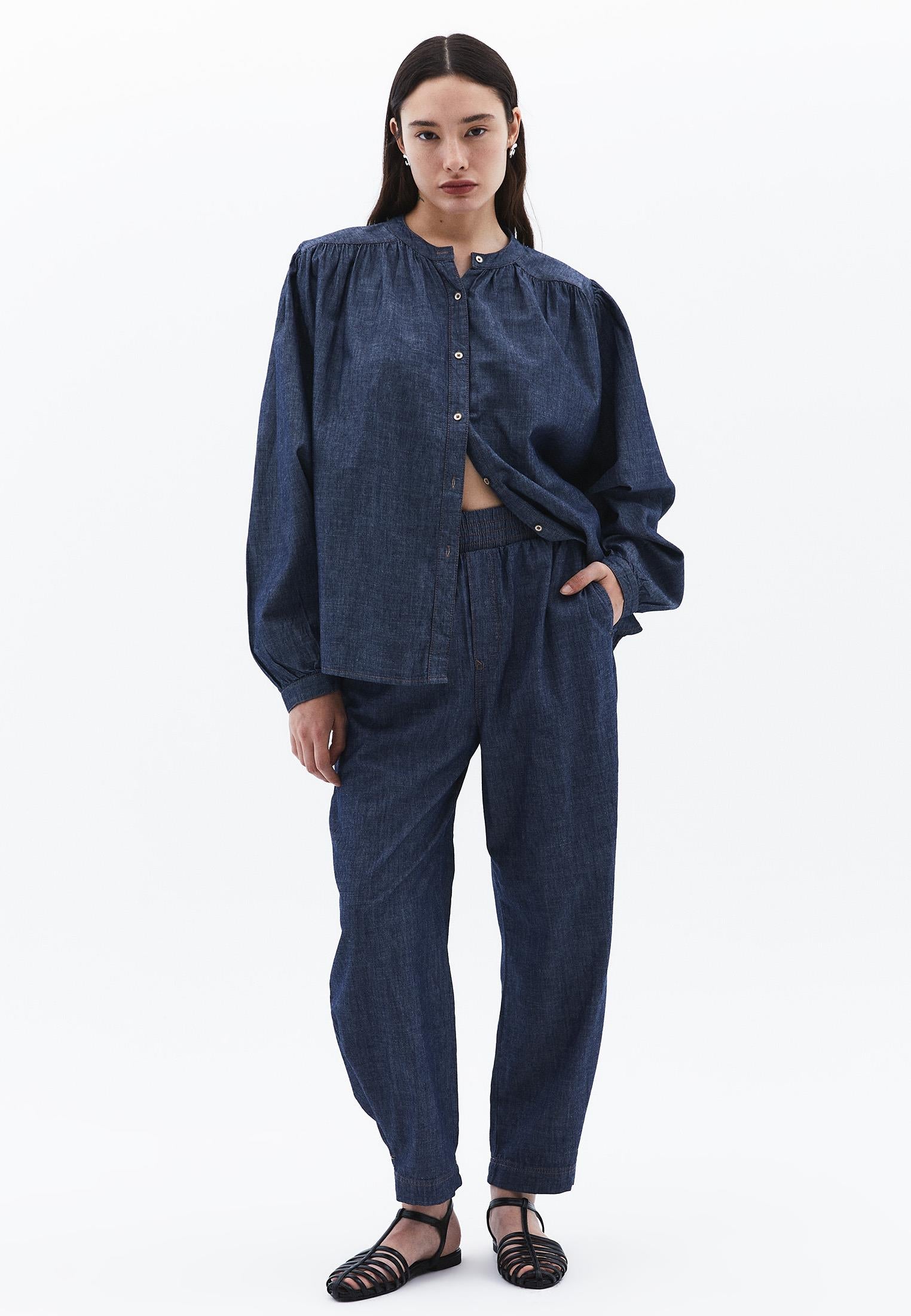 Oversized Buttoned Denim Shirt - MID BLUE DENIM