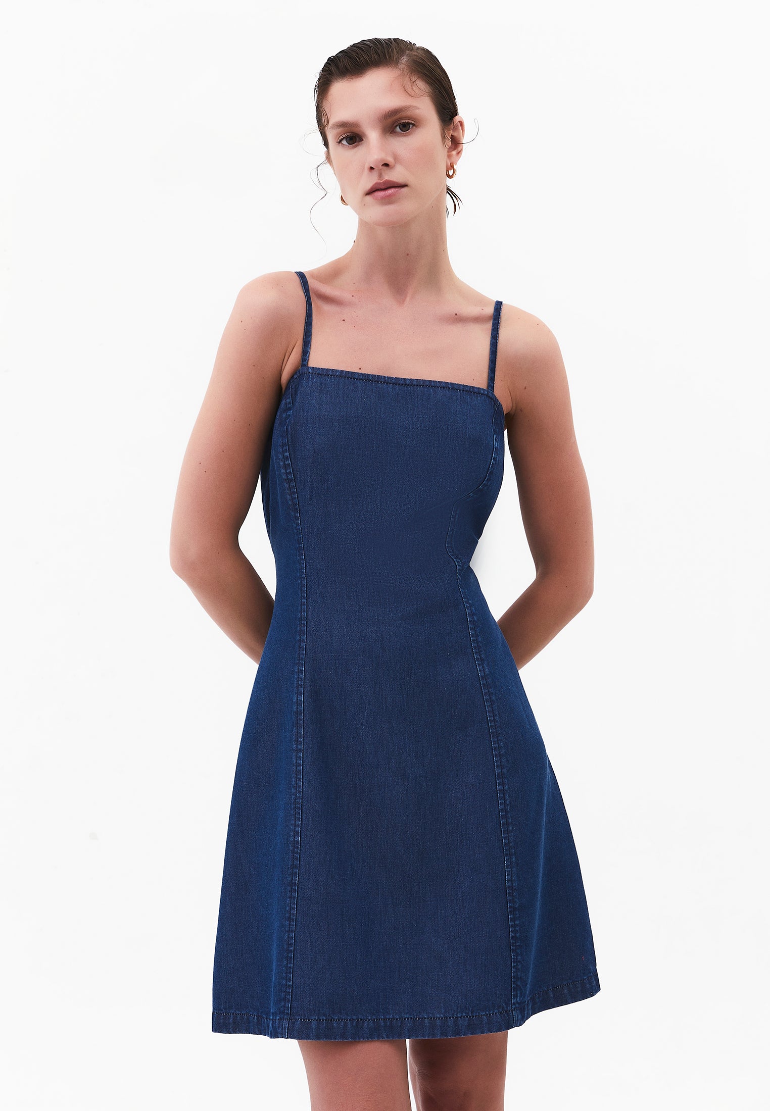 Square Neck Zipper Detail Dress - MID BLUE DENIM