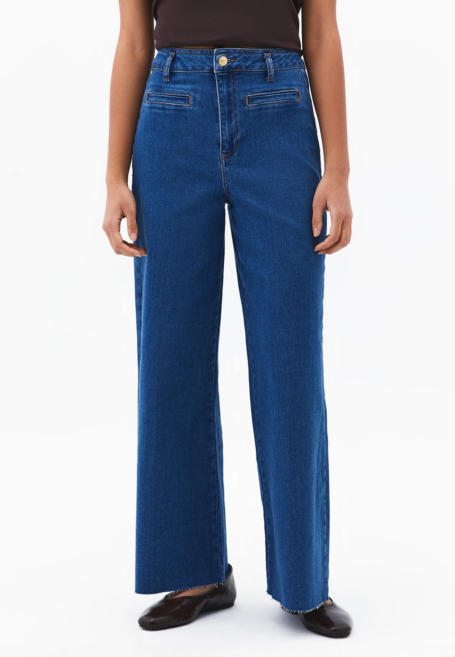 Ultra High Waist Wide Leg Cropped Pants - MID BLUE DENIM