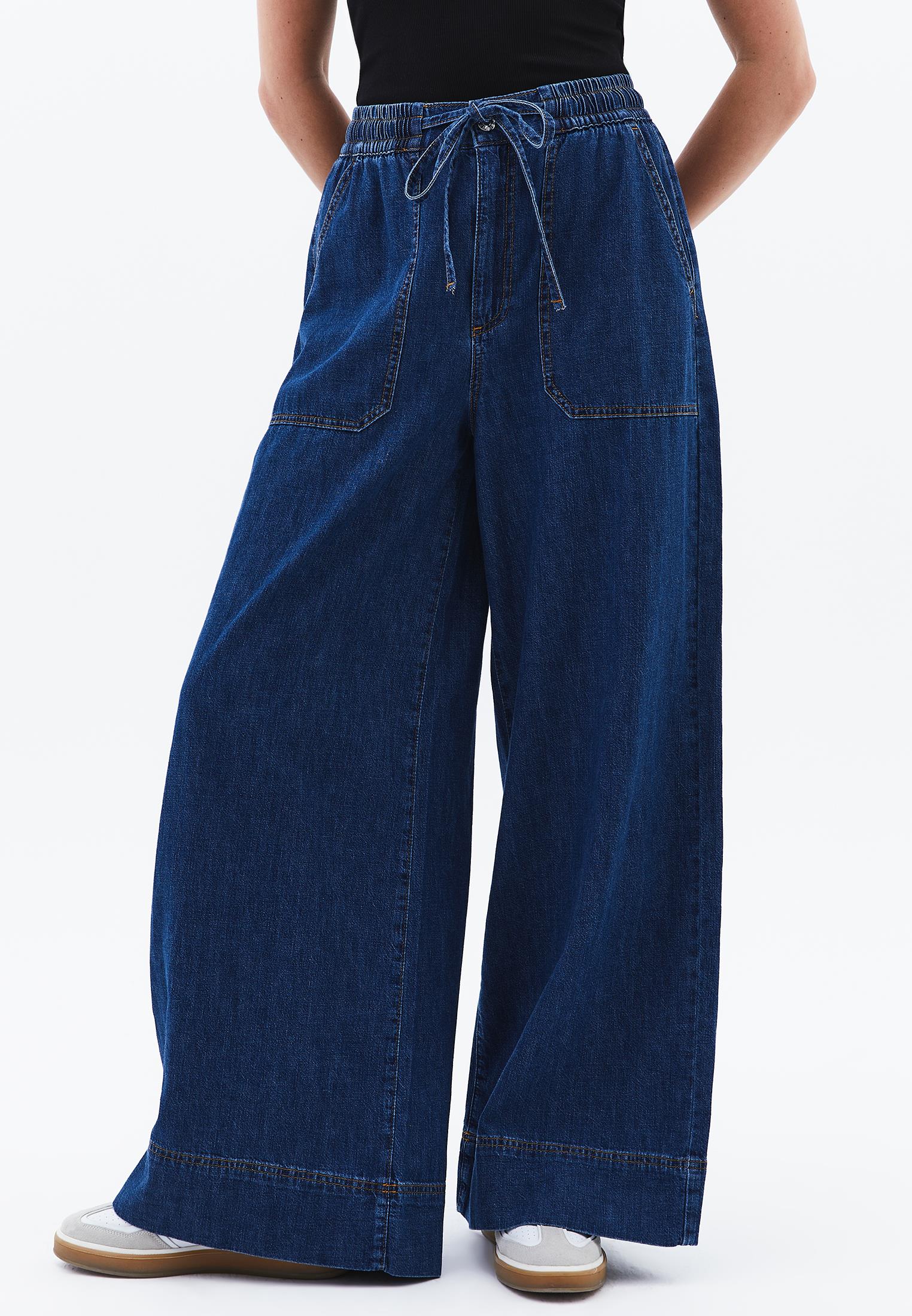High Waist Wide Leg Long Denim Pants - MID BLUE DENIM