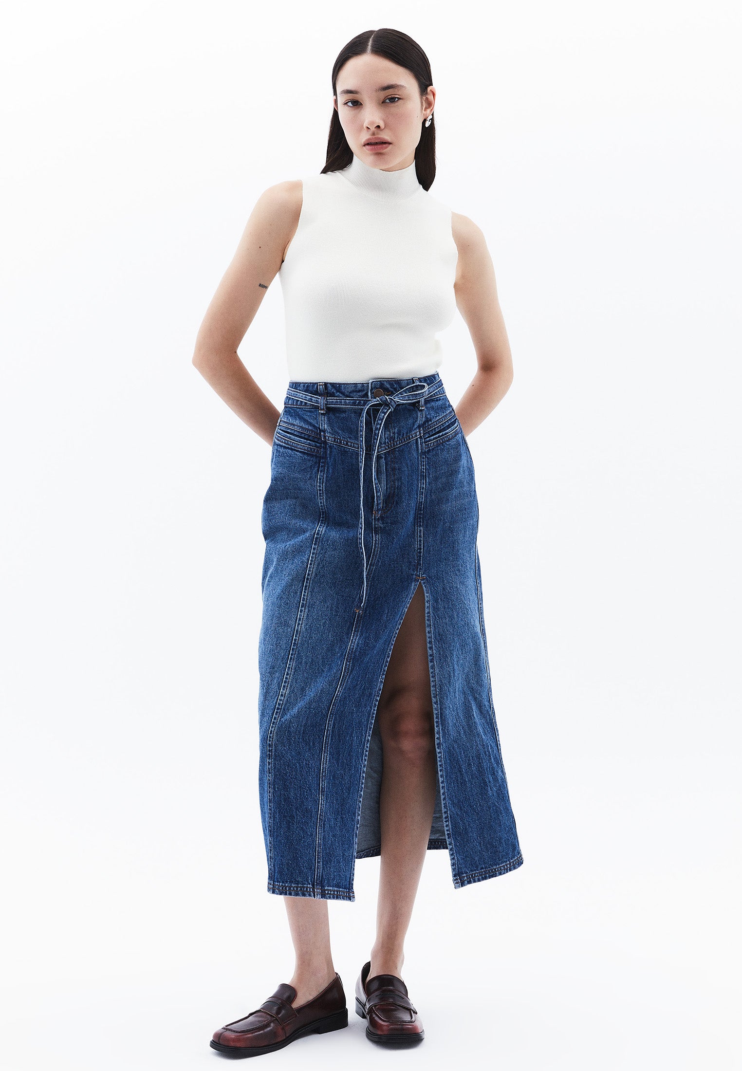 Belted High Waist Midi Skirt - MID BLUE DENIM