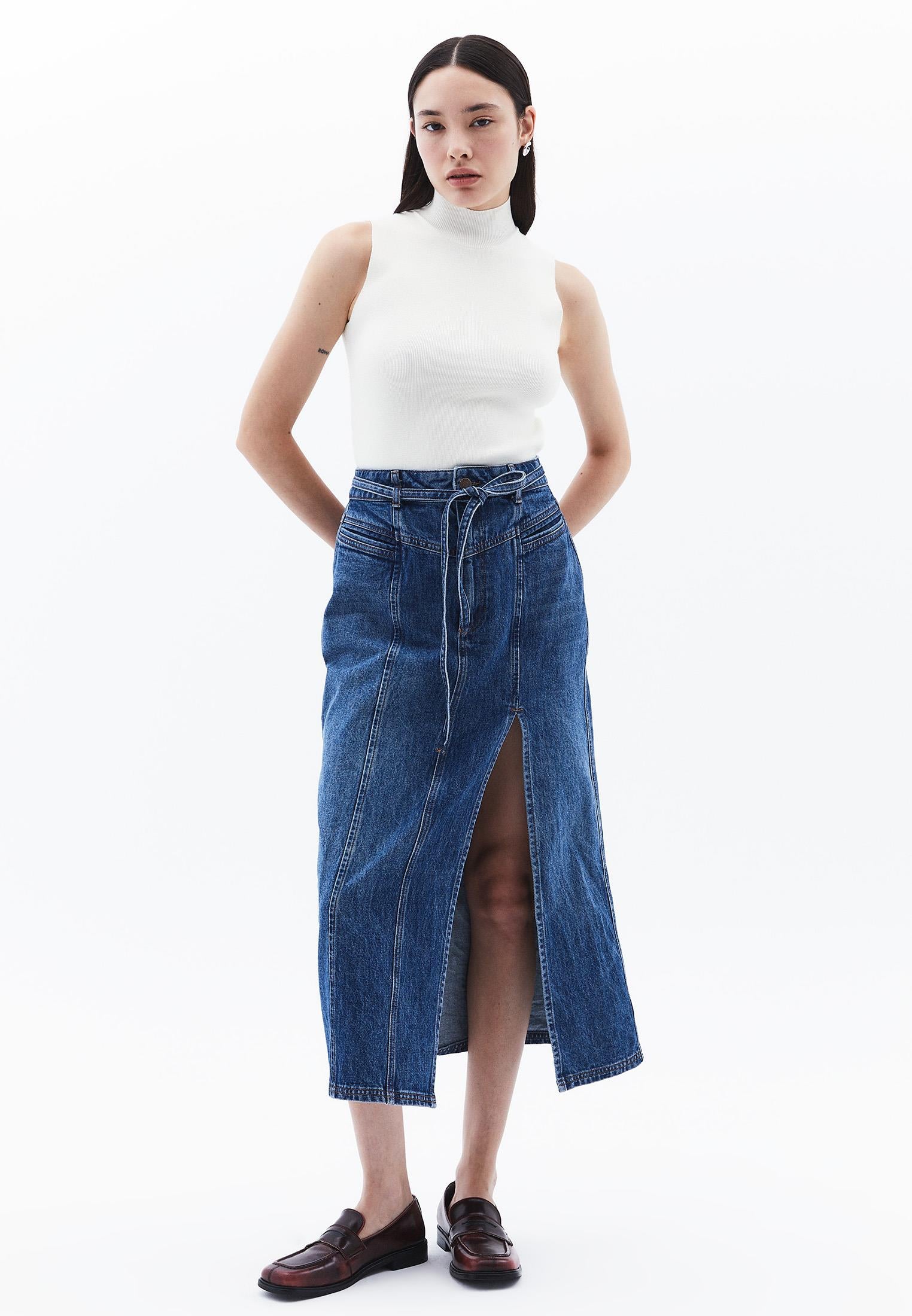 Belted High Waist Midi Skirt - MID BLUE DENIM