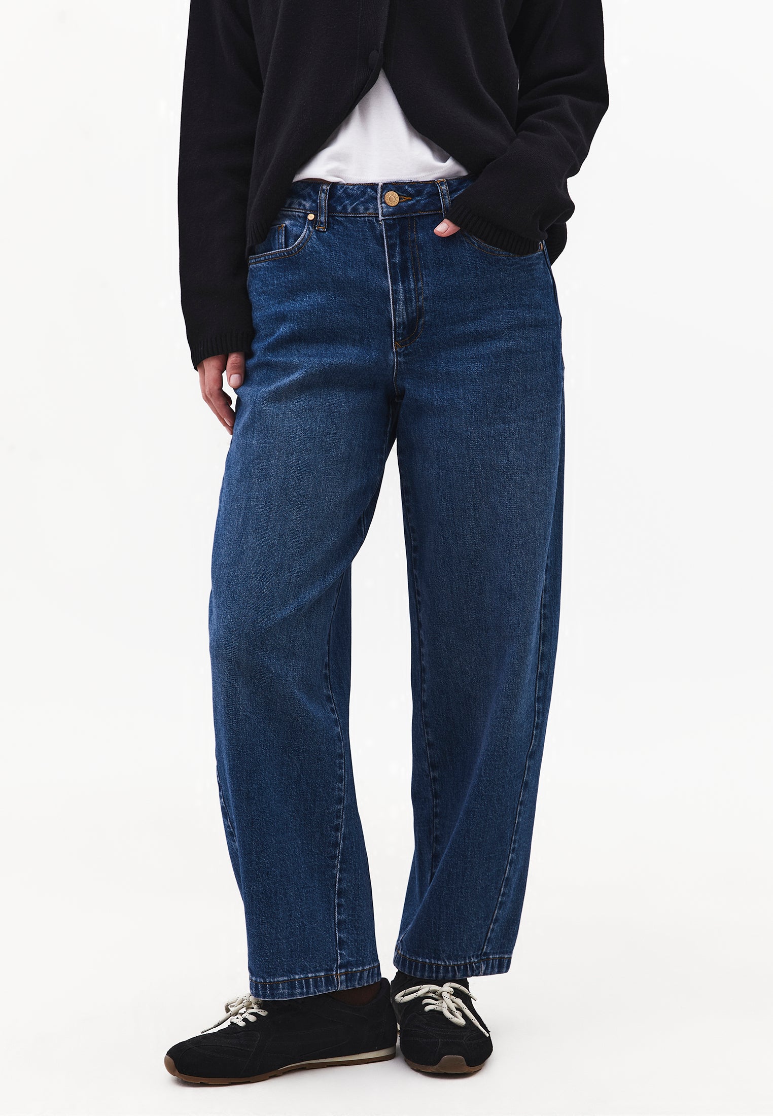 Barrel Leg Denim Pants - MID BLUE DENIM