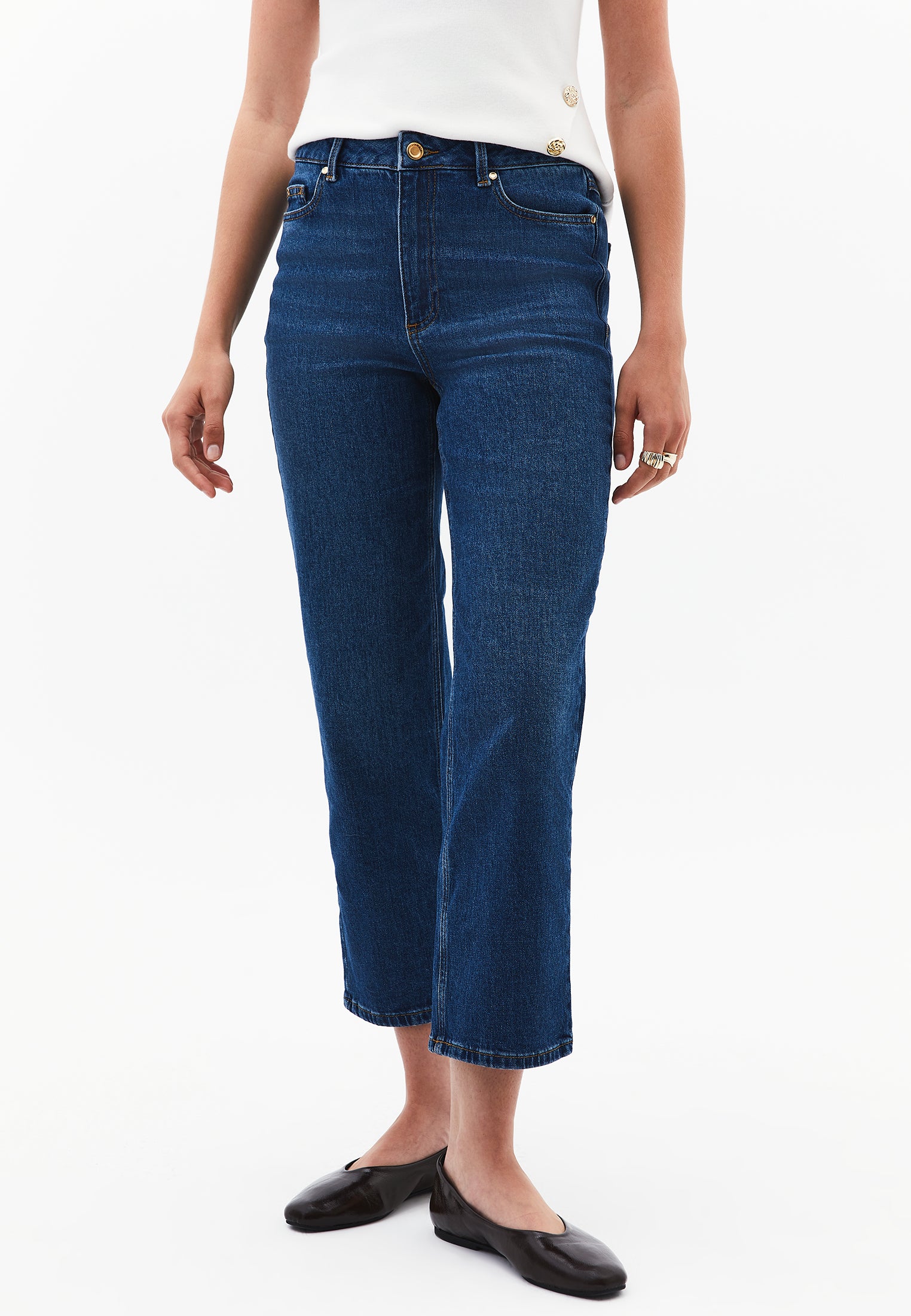 High Waist Straight Leg Pants - MID BLUE DENIM
