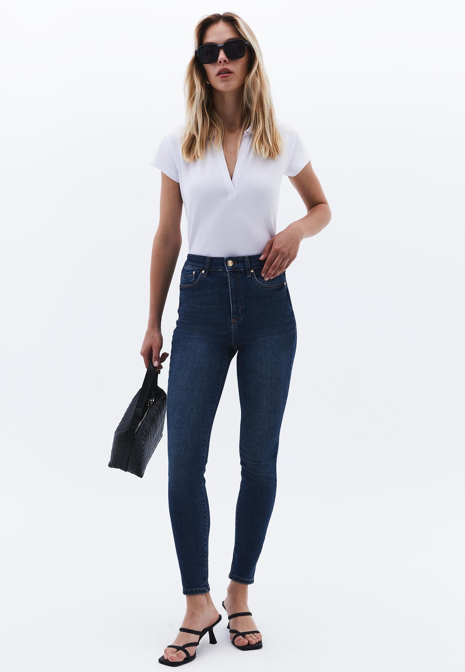 Ultra High Waist Skinny Denim Pants - MID BLUE DENIM