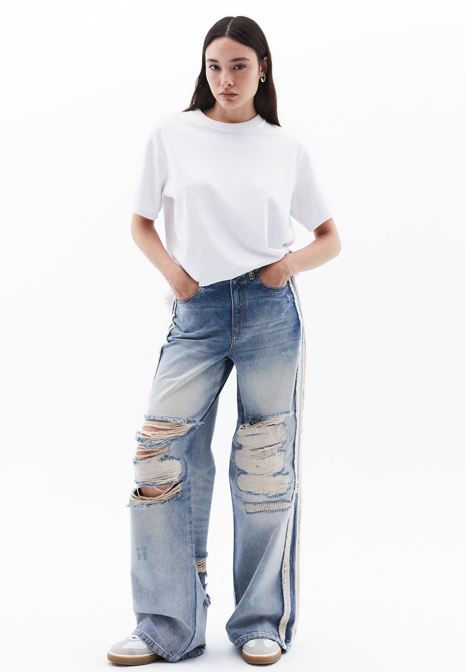 Five Pocket Wide Leg Pants - MID BLUE DENIM
