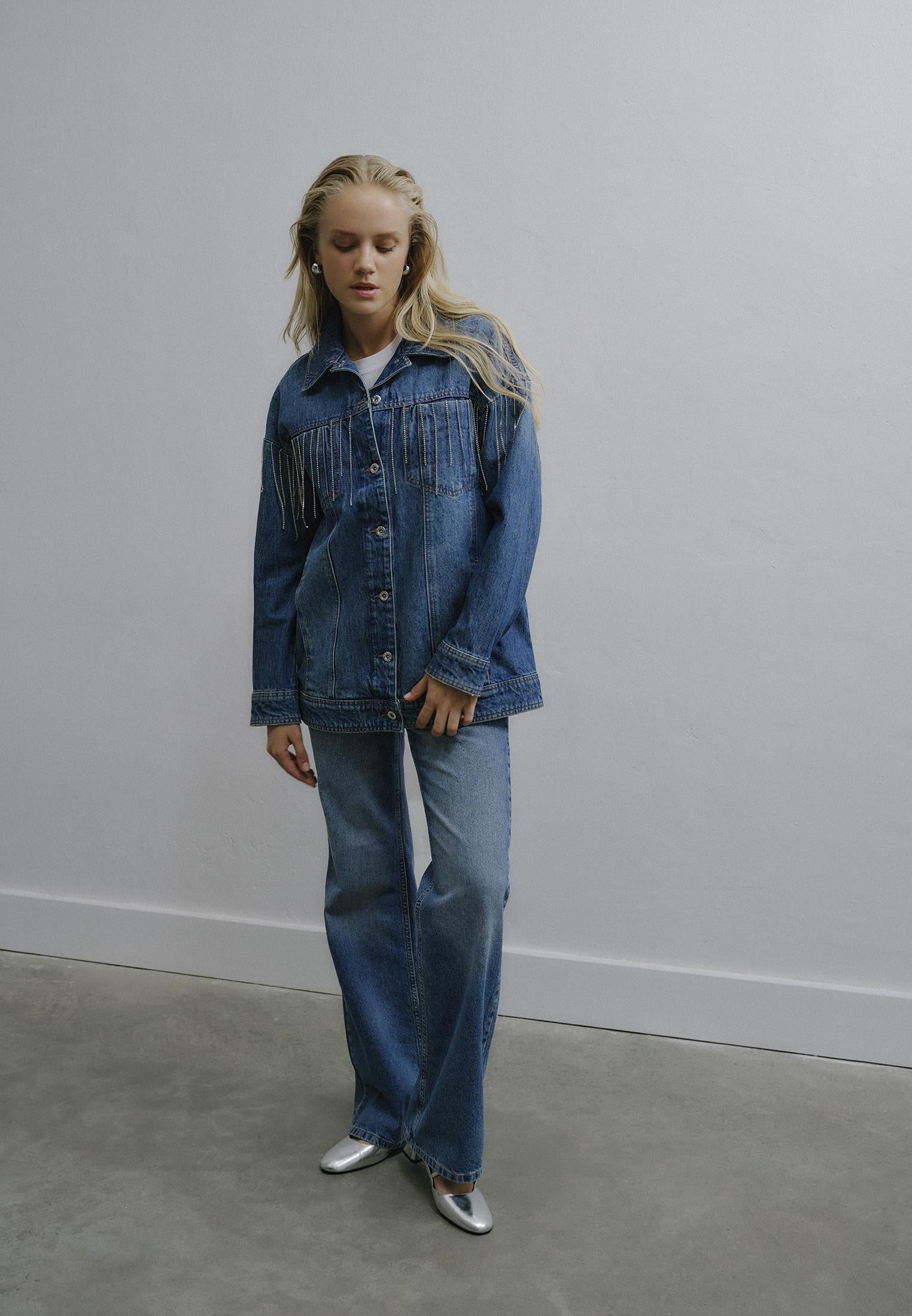 Stone Embellished Oversize Denim Jacket - MID BLUE DENIM