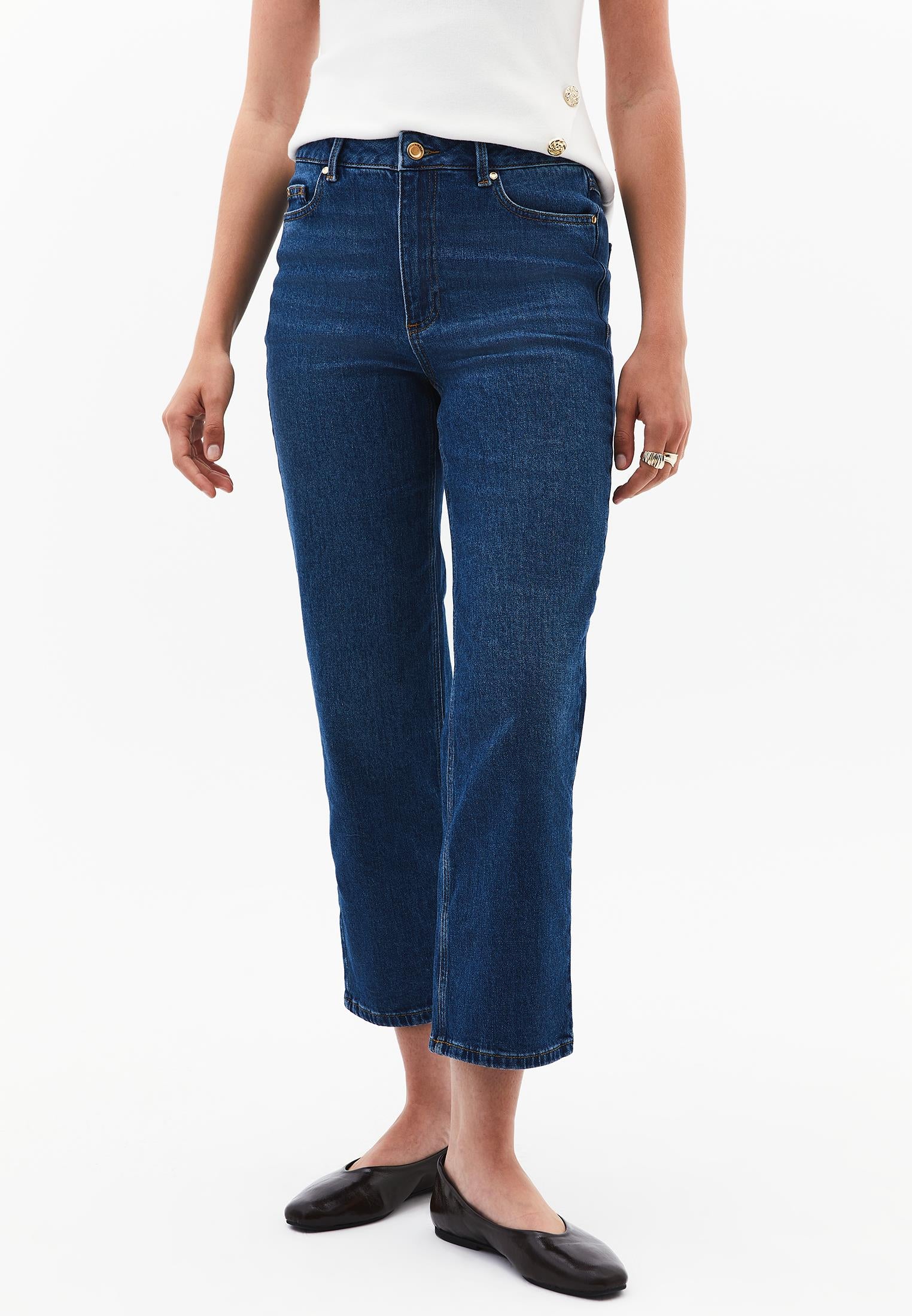 High Waist Straight Leg Pants - MID BLUE DENIM