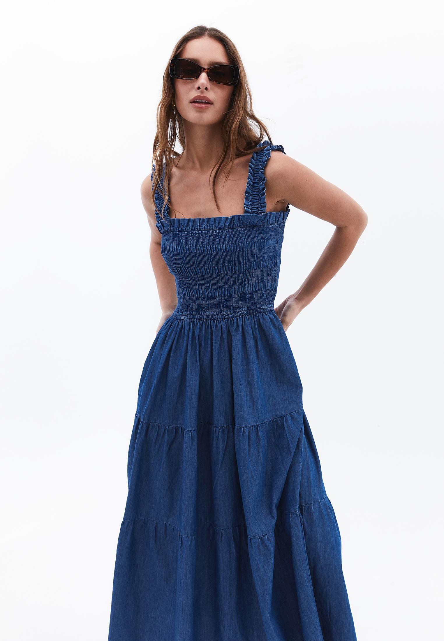 Long Dress With Straps And Square Neck With Smocked Details - MID BLUE DENIM