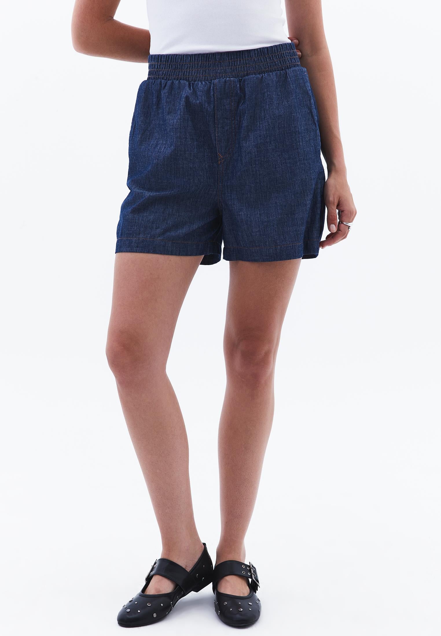 High Waist Elasticated Shorts - MID BLUE DENIM
