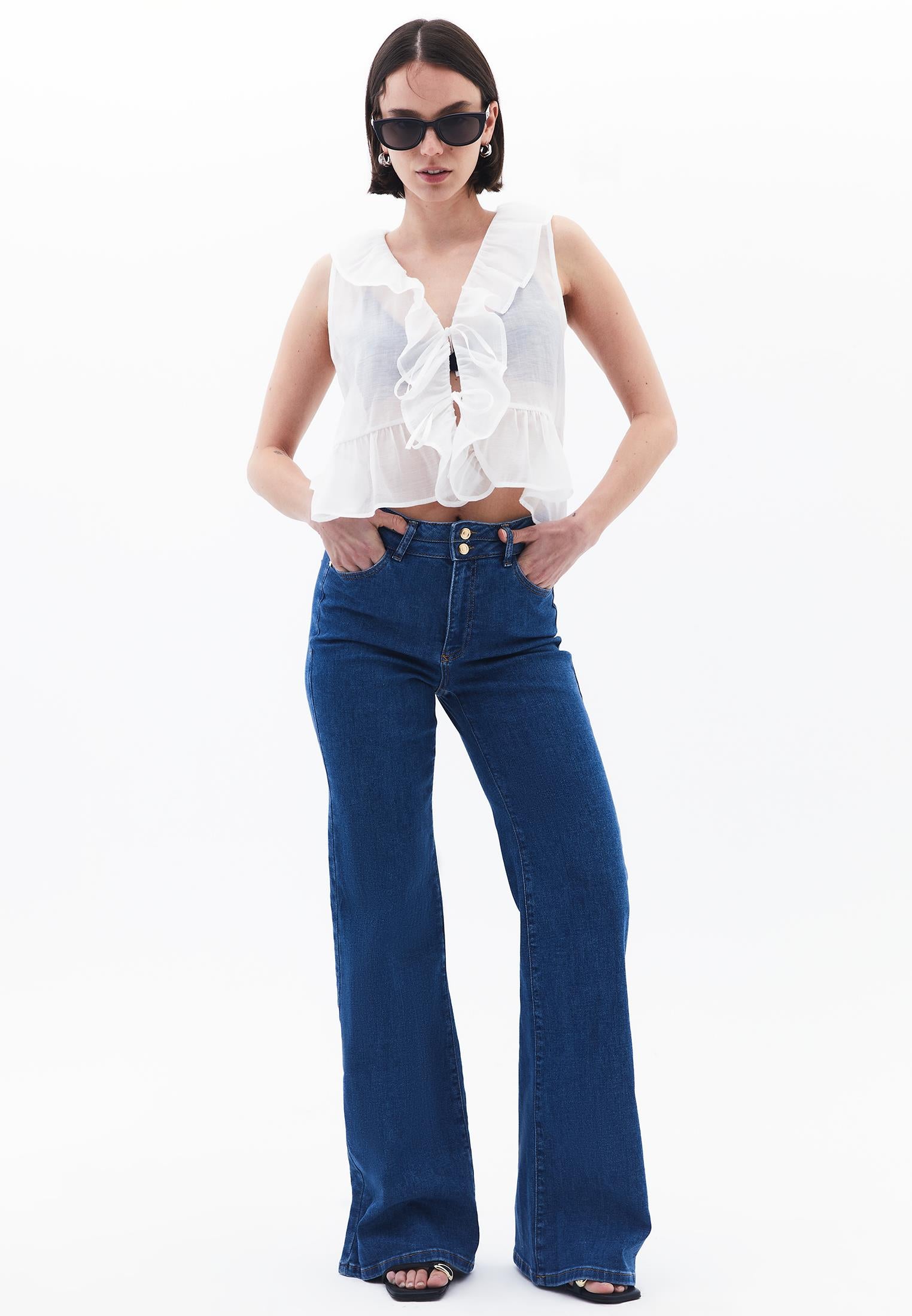 High Waist Flared Denim Pants - MID BLUE DENIM