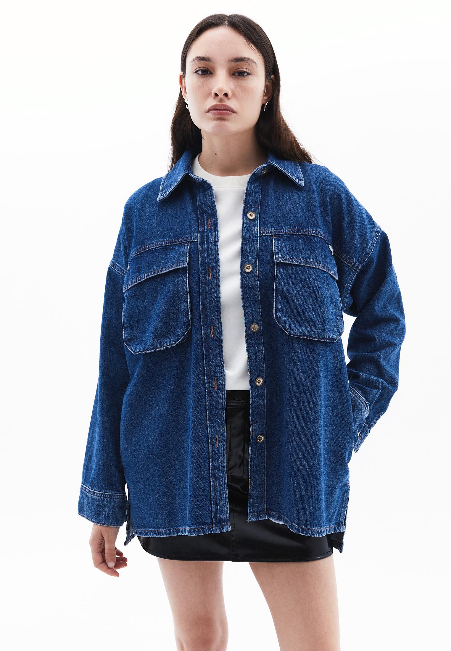 Oversize Denim Shirt With Pocket Detail - MID BLUE DENIM