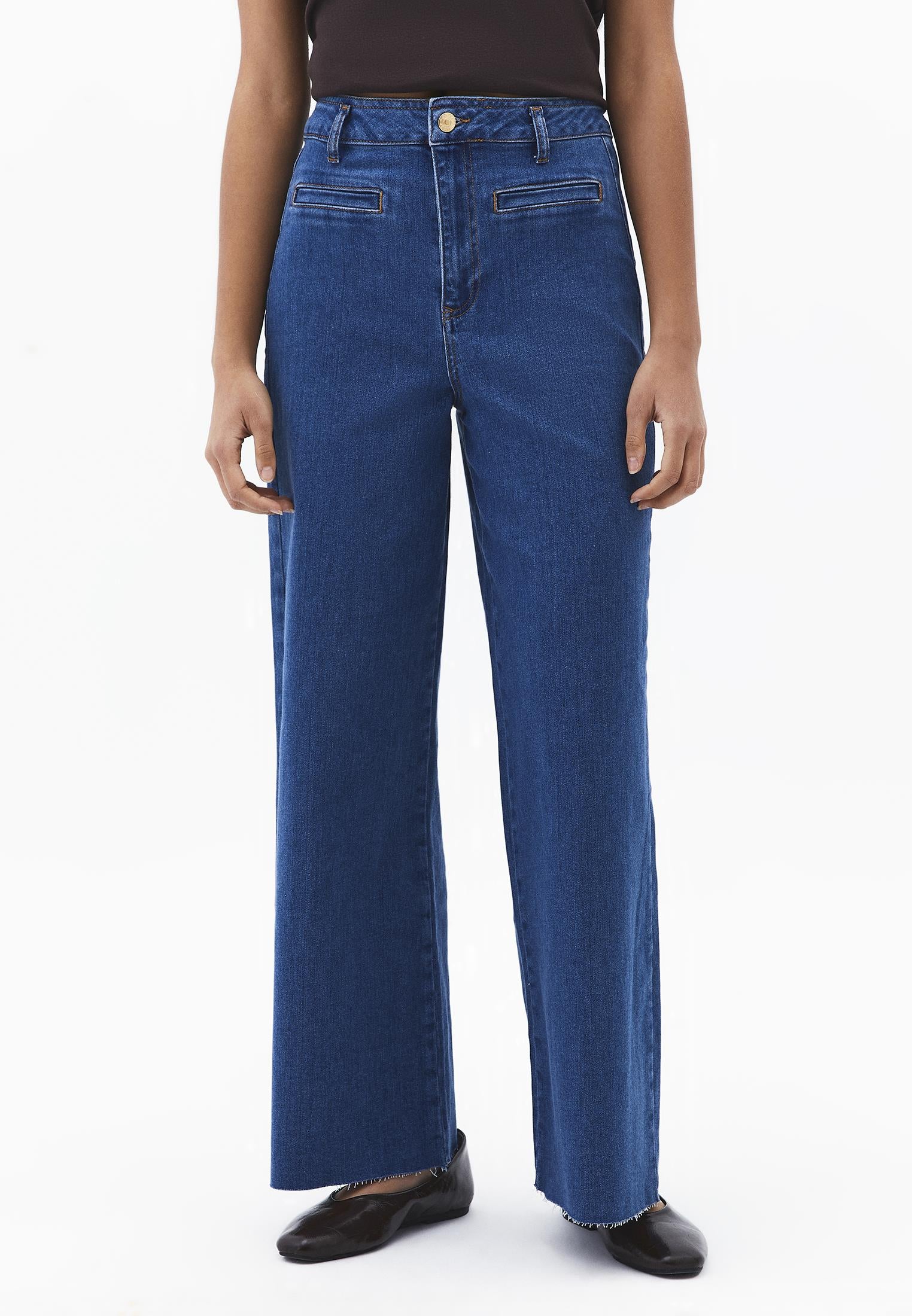 Ultra High Waist Wide Leg Cropped Pants - MID BLUE DENIM