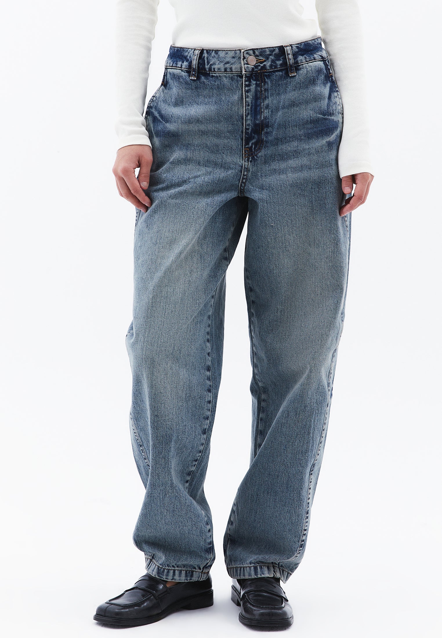 Barrel Leg Denim Pants - MID BLUE DENIM