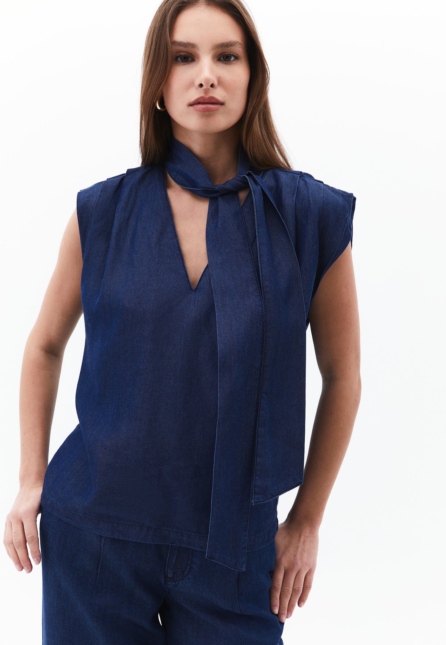 Tencel Blouse With Bow Detail - MID BLUE DENIM