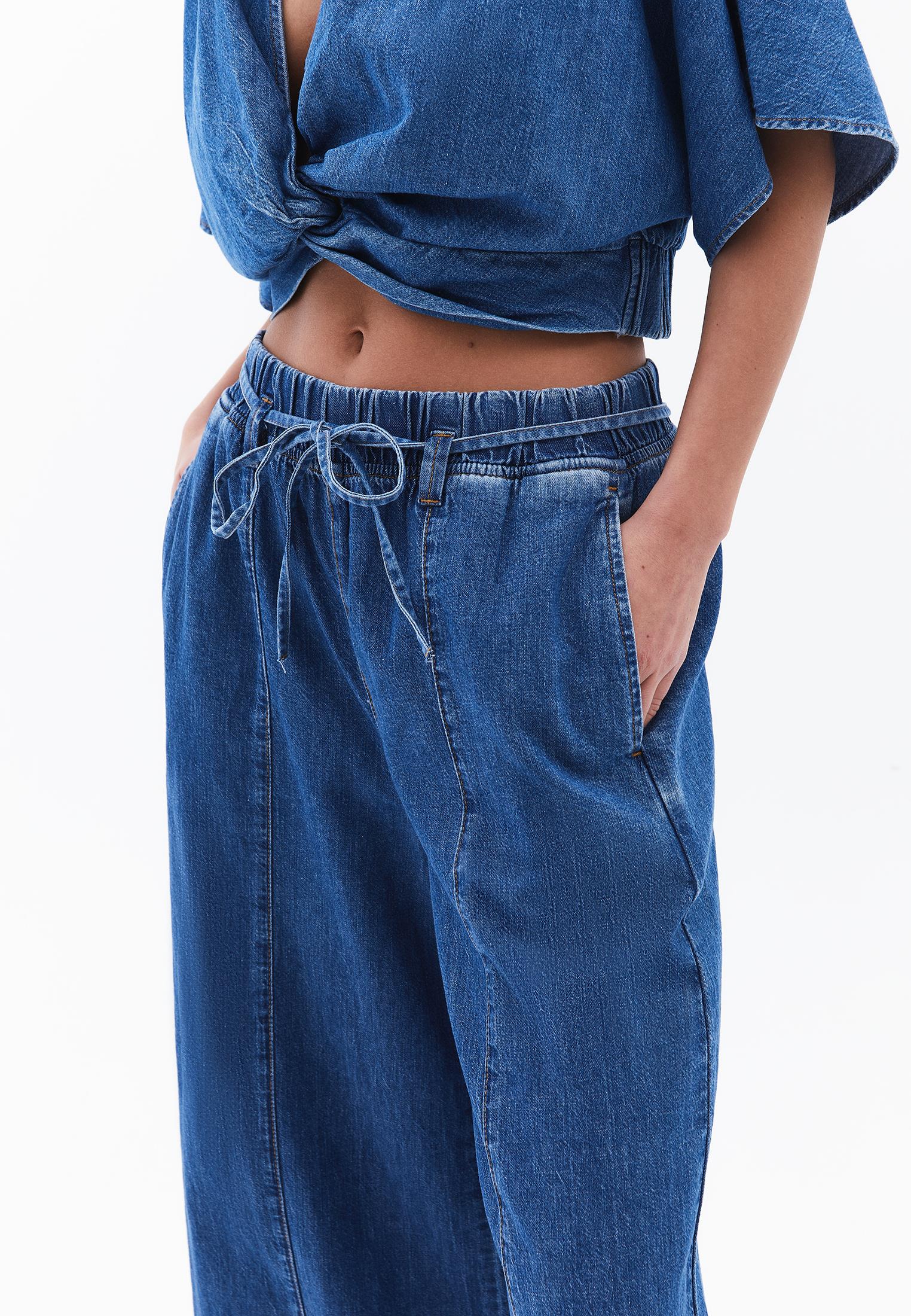 Wide Leg High Waist Cropped Pants - MID BLUE DENIM