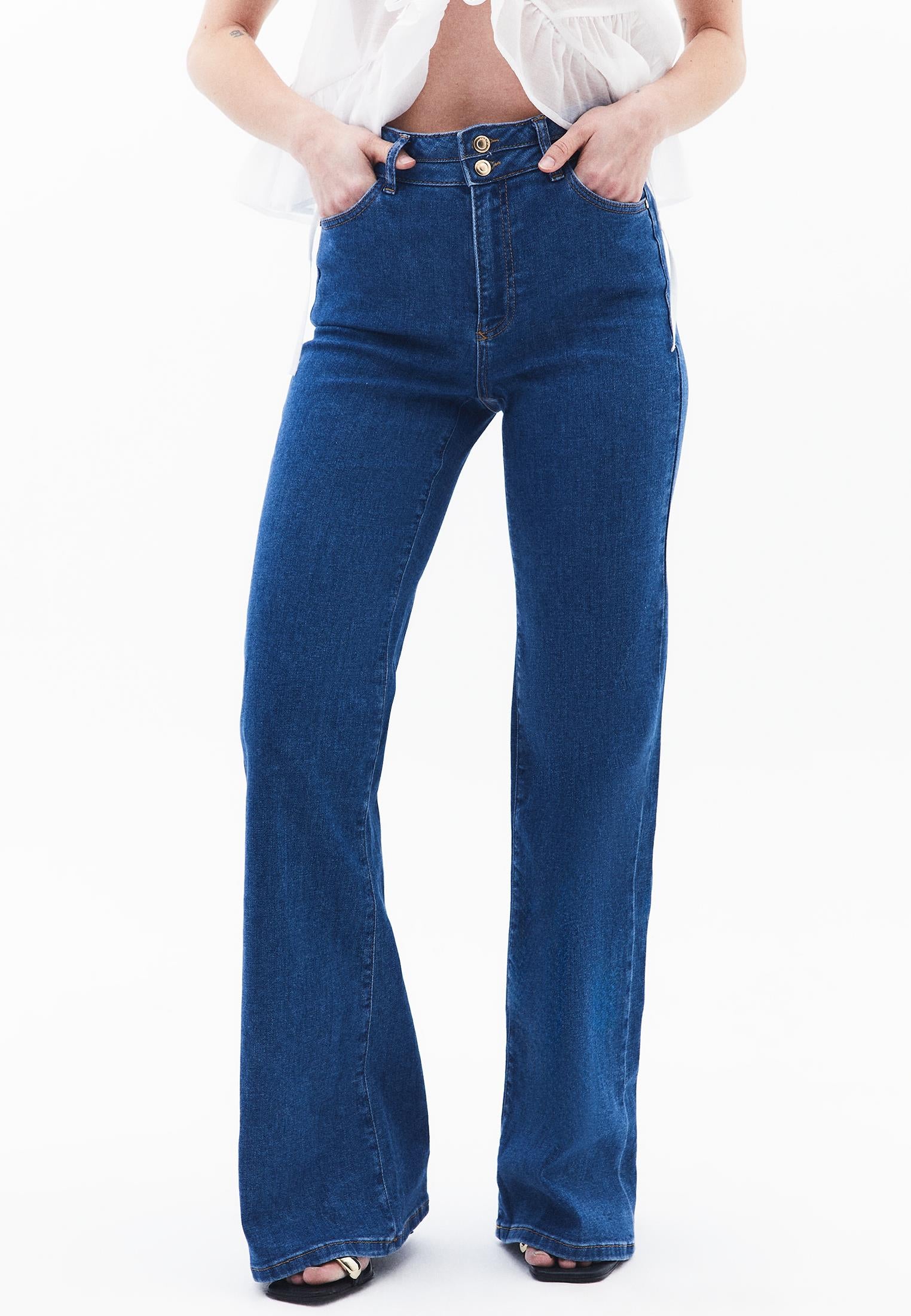 High Waist Flared Denim Pants - MID BLUE DENIM