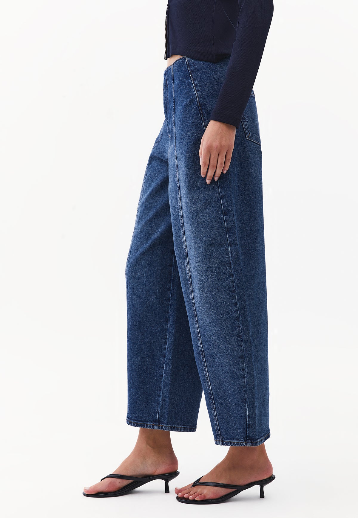 Barrel Leg High Waist Trousers - MID BLUE DENIM