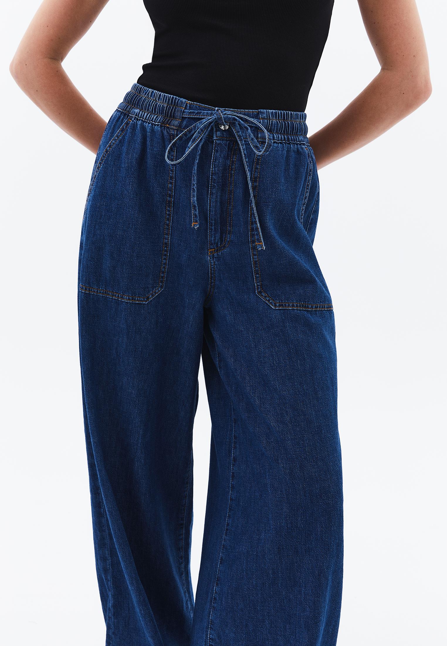 High Waist Wide Leg Long Denim Pants - MID BLUE DENIM