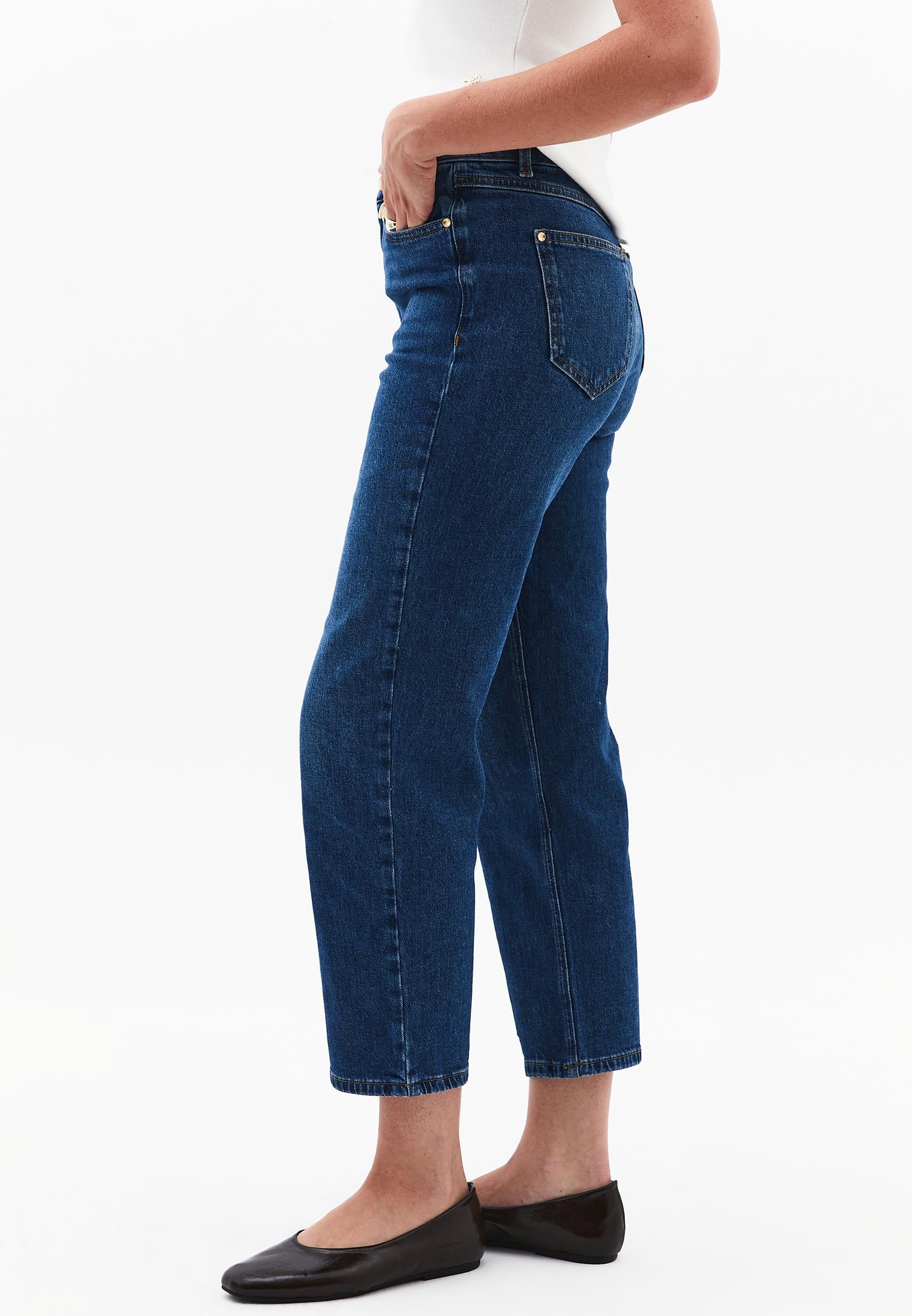 High Waist Straight Leg Pants - MID BLUE DENIM