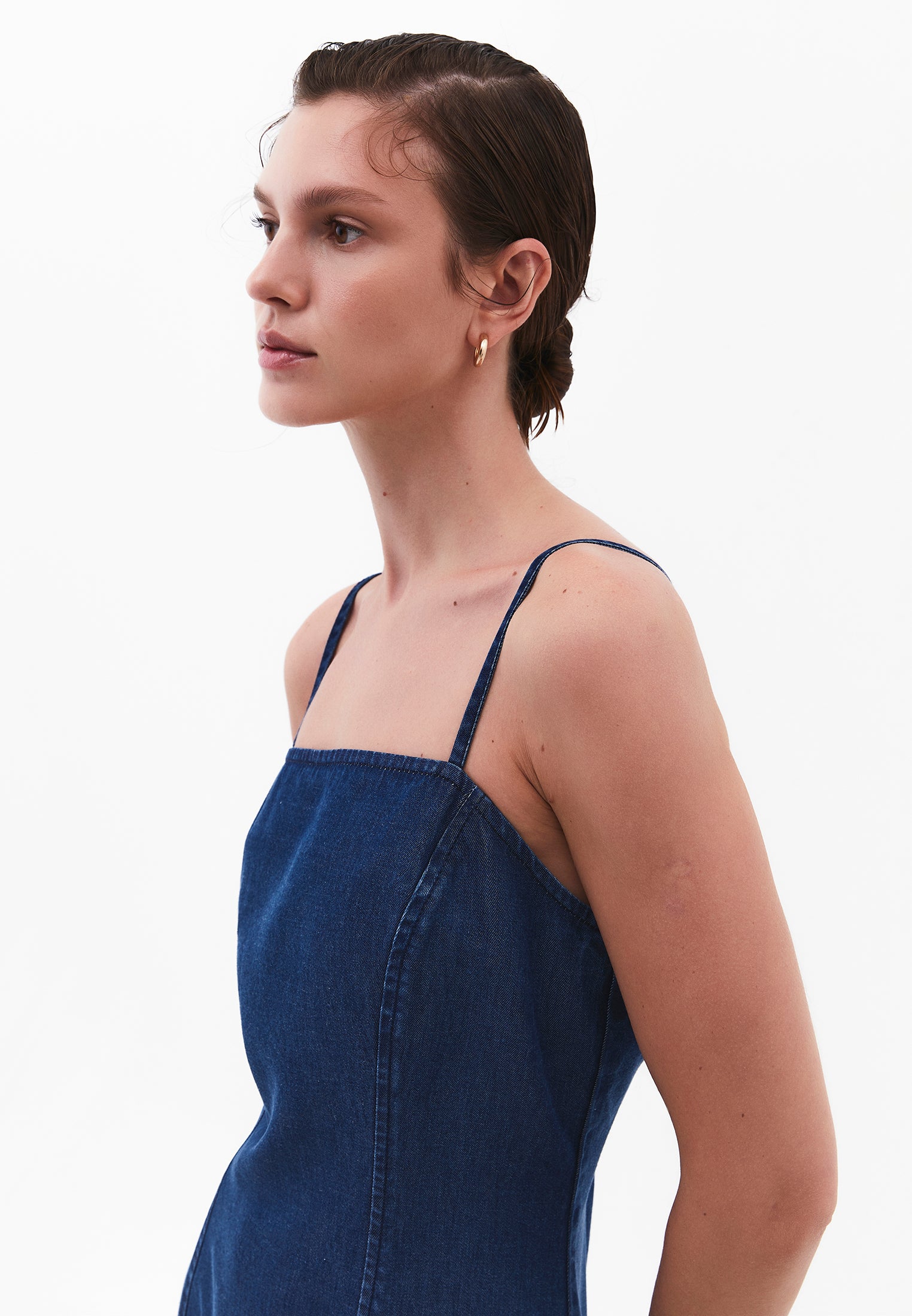 Square Neck Zipper Detail Dress - MID BLUE DENIM