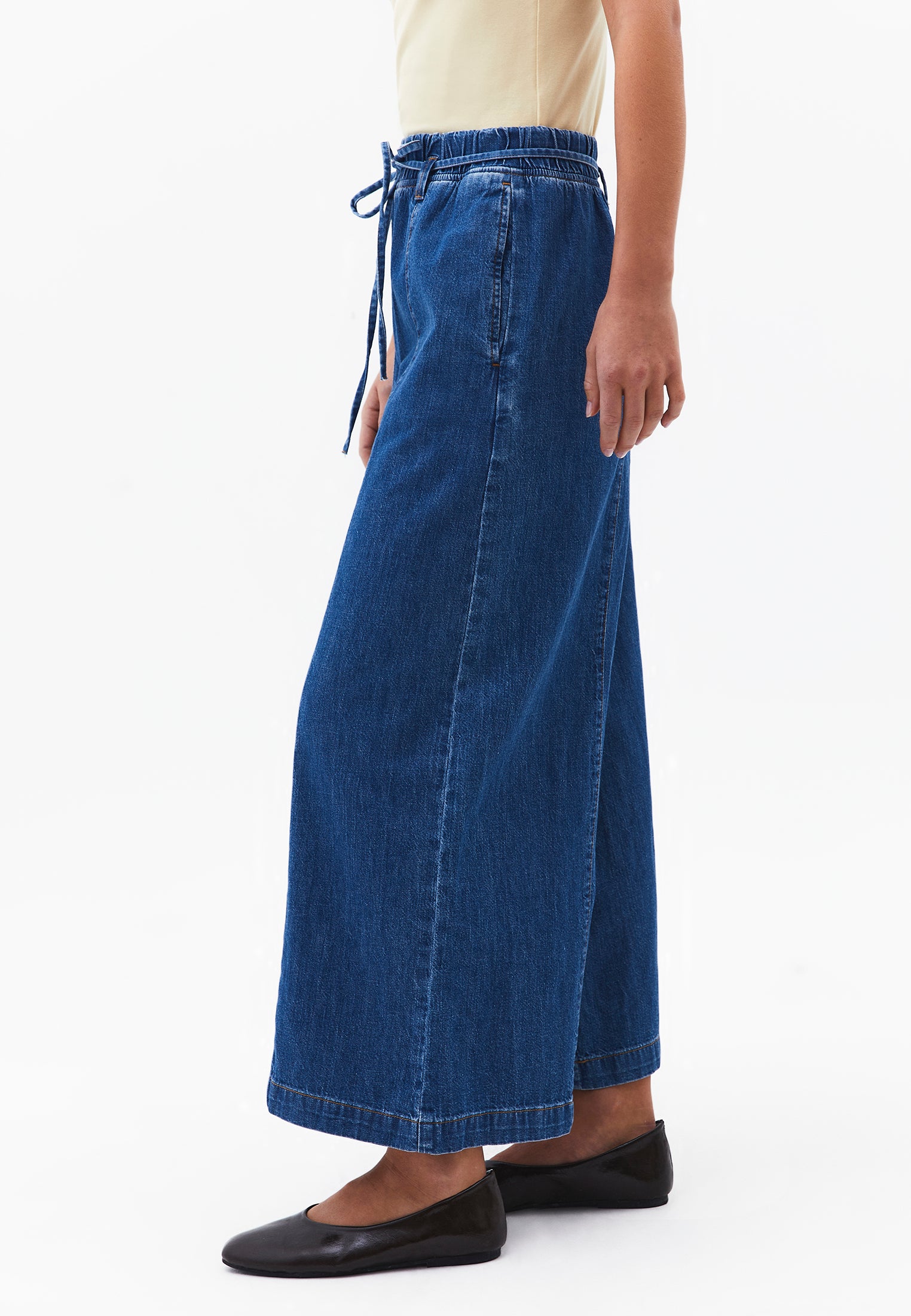High Waist Cropped Culotte Denim Pants - MID BLUE DENIM