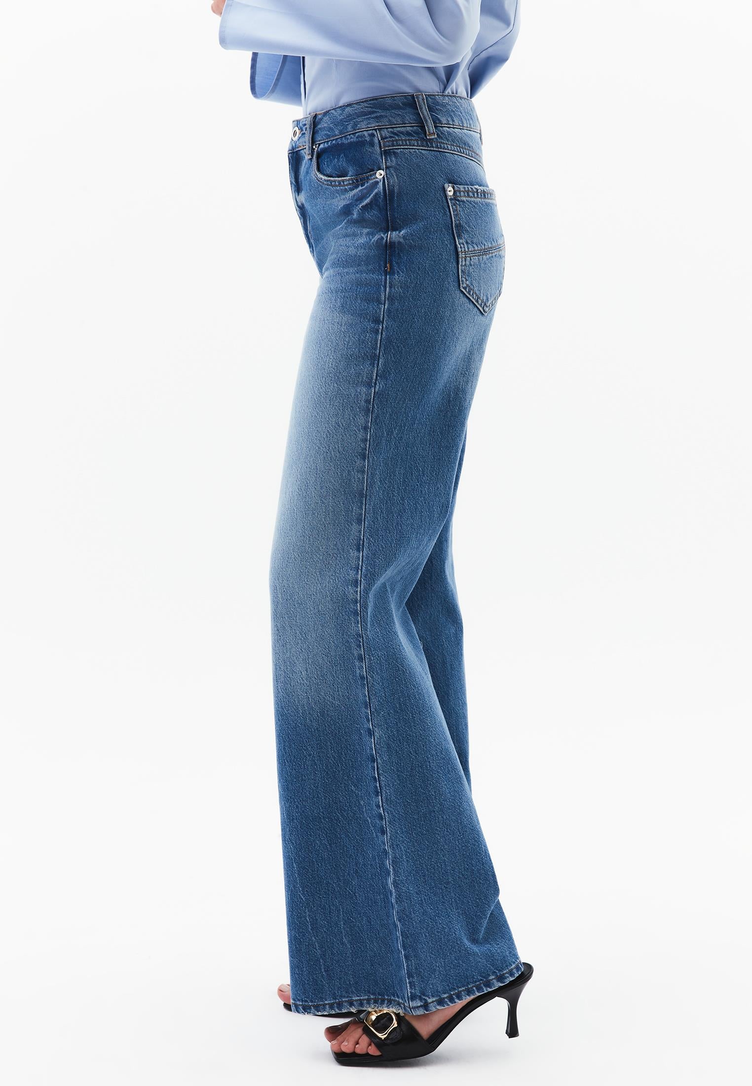 Wide Leg Standard High Waist Denim Pants - MID BLUE DENIM