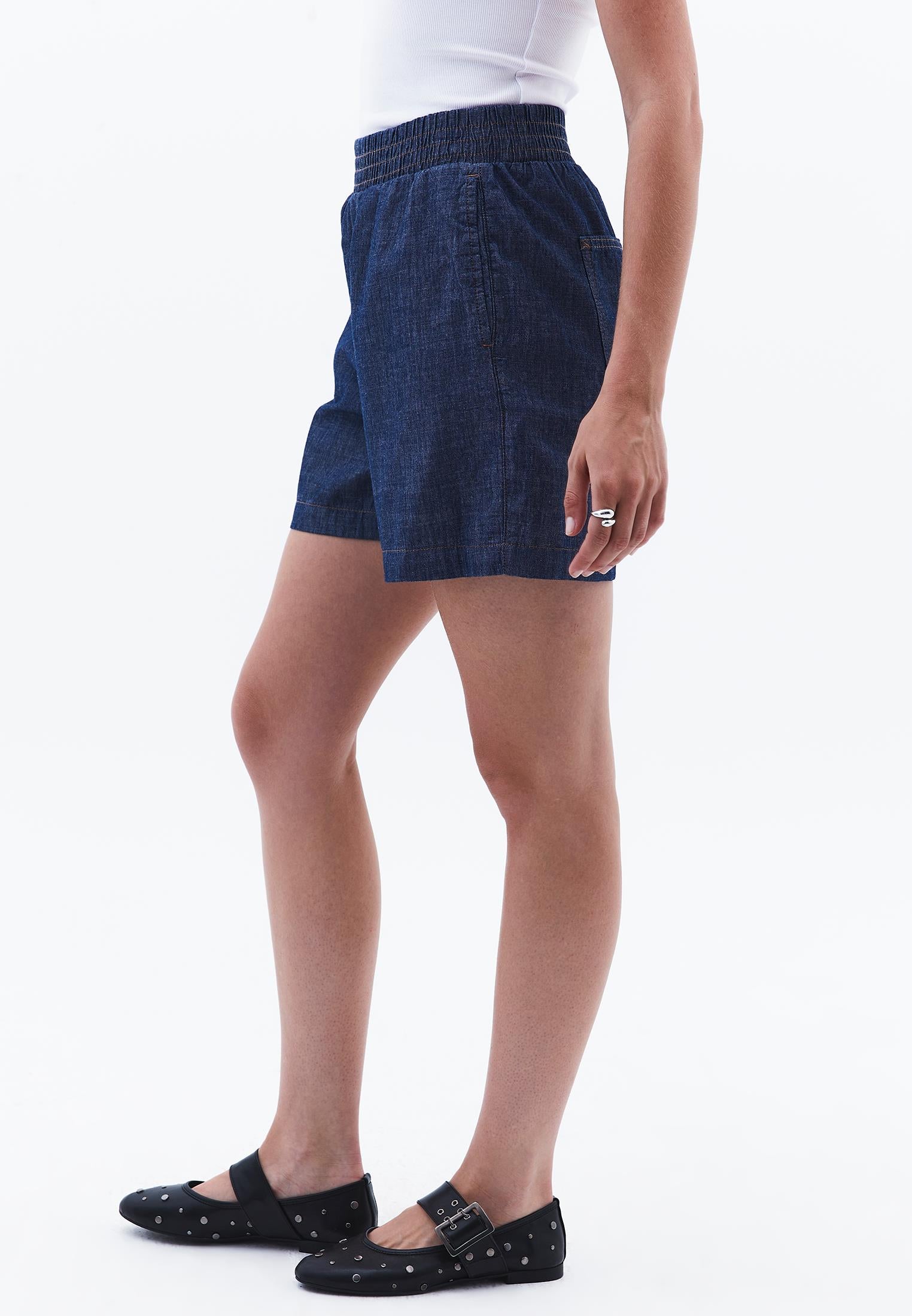 High Waist Elasticated Shorts - MID BLUE DENIM
