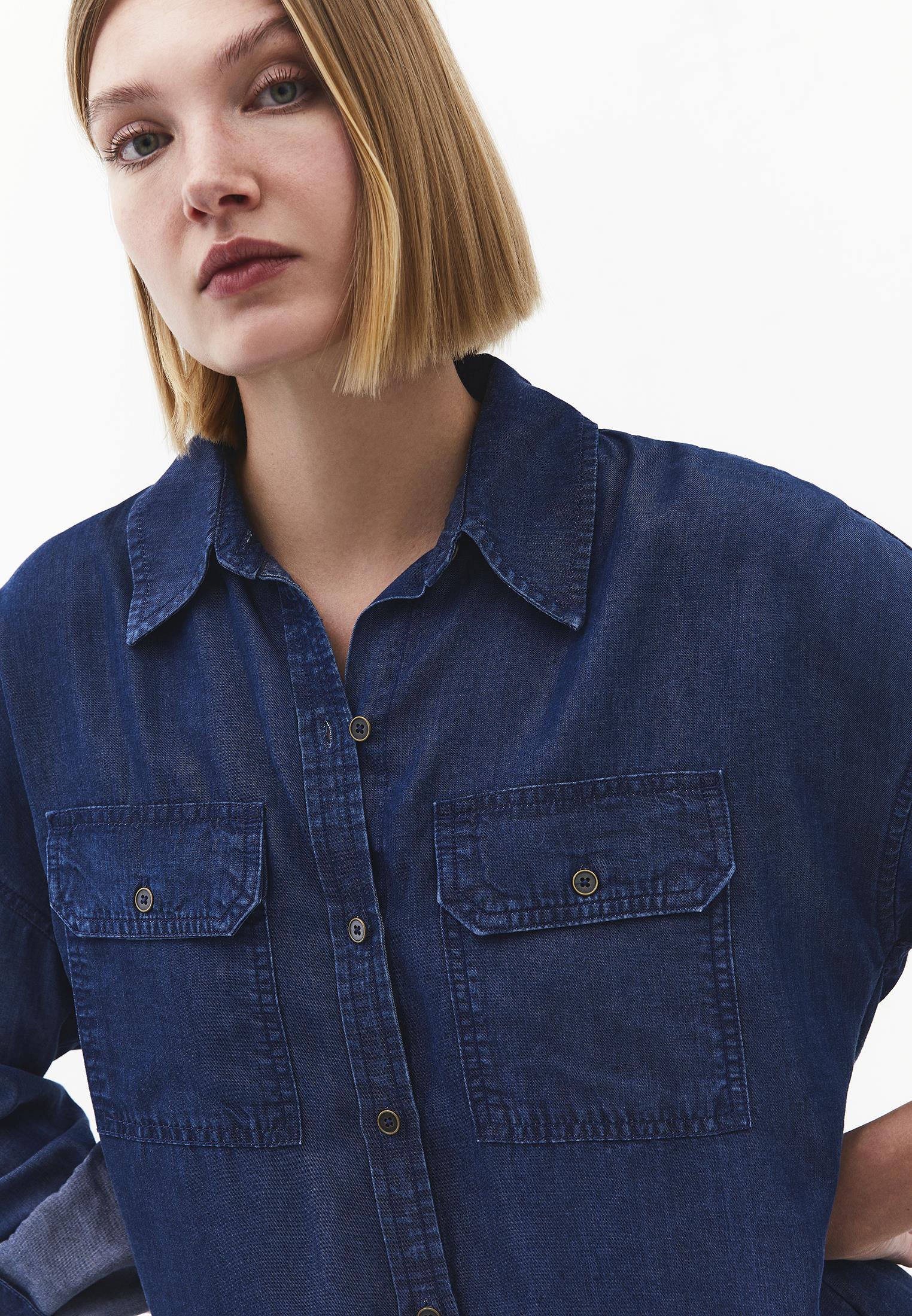 Shirt Collar Long Sleeve Shirt - MID BLUE DENIM
