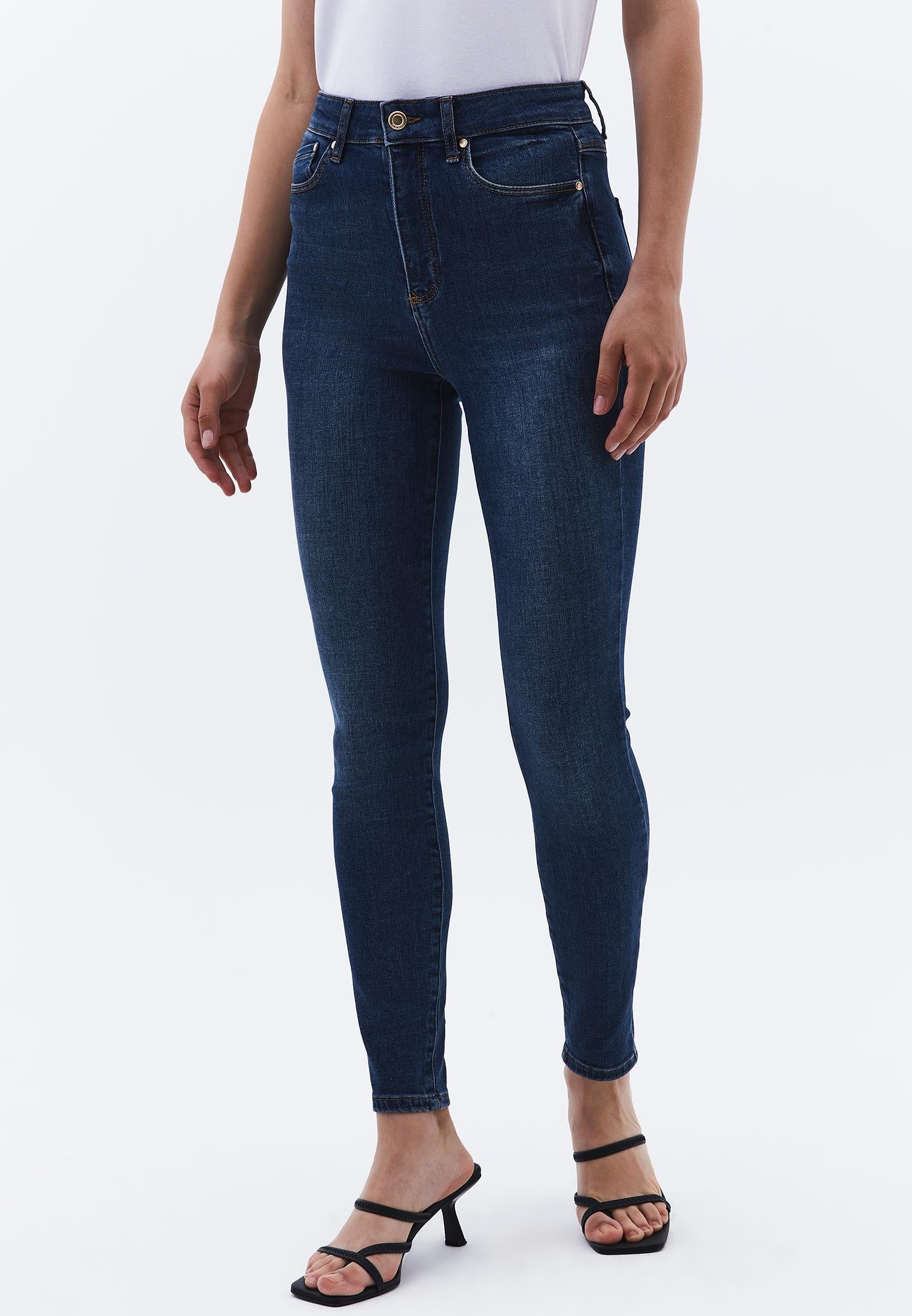 Ultra High Waist Skinny Denim Pants - MID BLUE DENIM