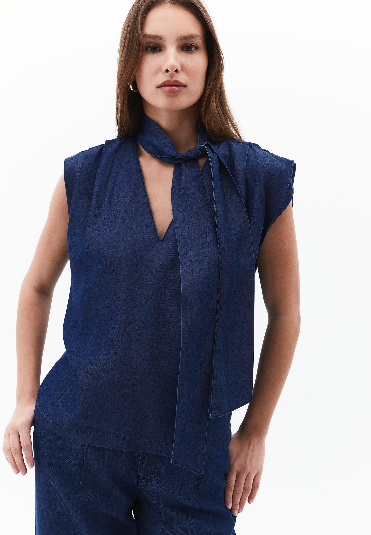 Tencel Blouse With Bow Detail - MID BLUE DENIM