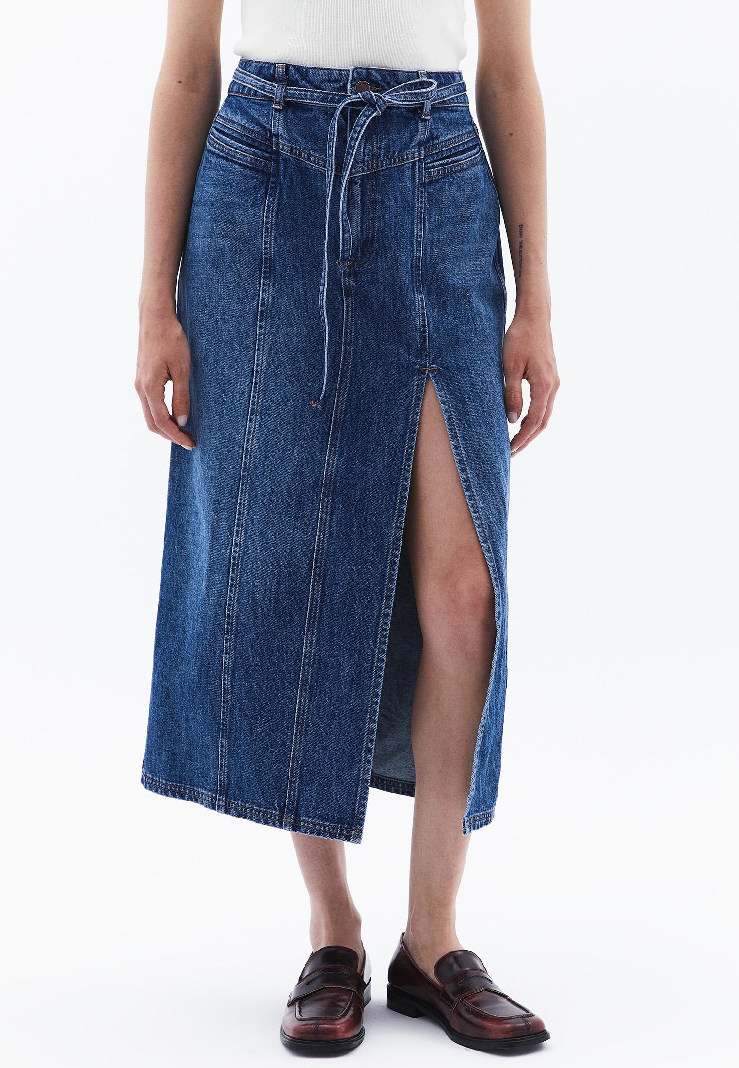 Belted High Waist Midi Skirt - MID BLUE DENIM