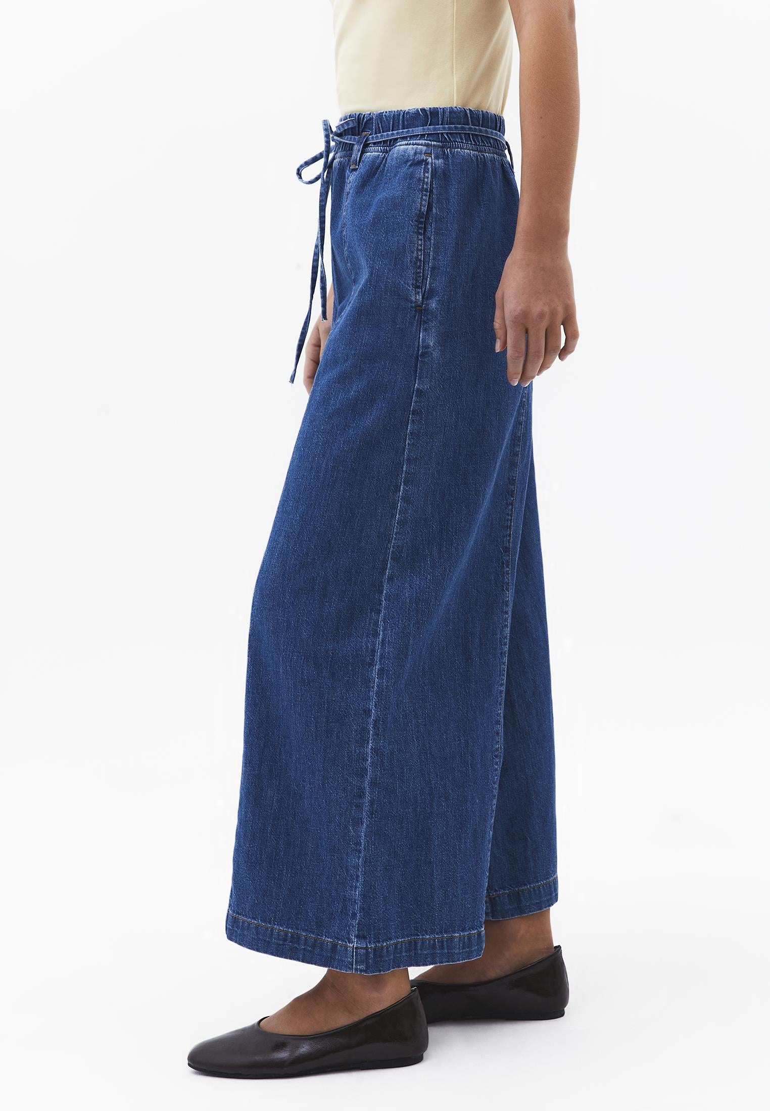High Waist Cropped Culotte Denim Pants - MID BLUE DENIM
