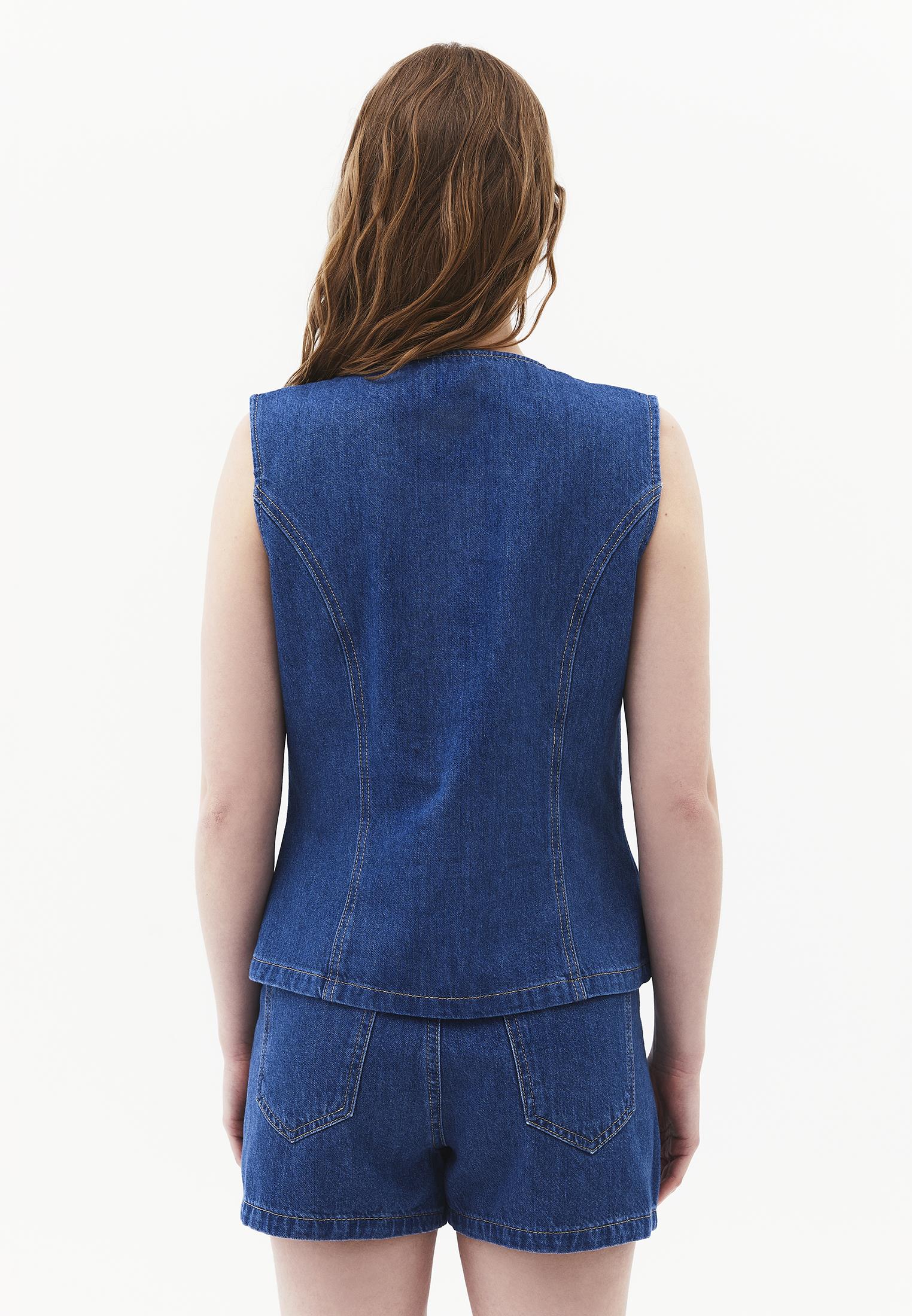 Button Detailed Denim Vest - MID BLUE DENIM