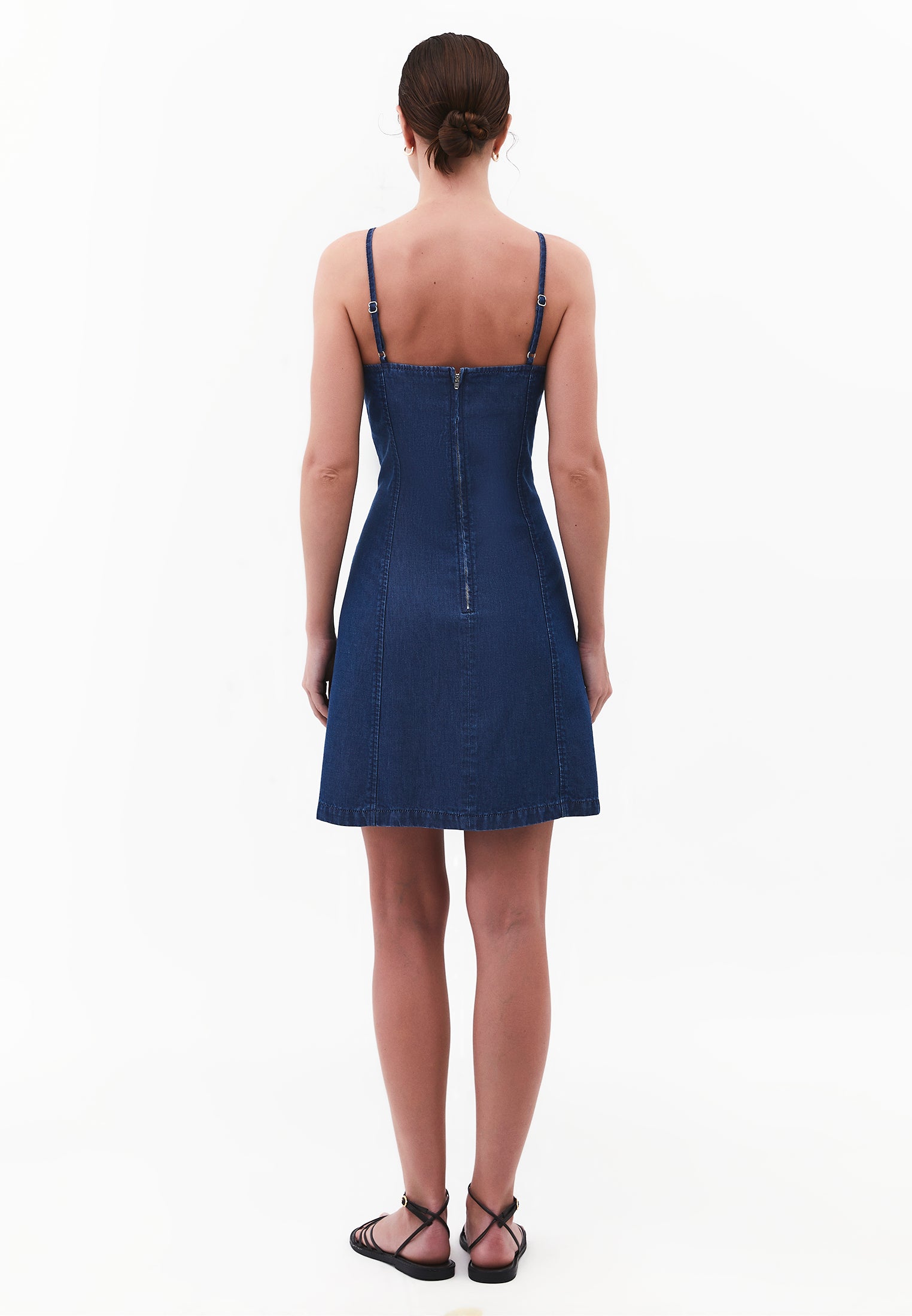 Square Neck Zipper Detail Dress - MID BLUE DENIM
