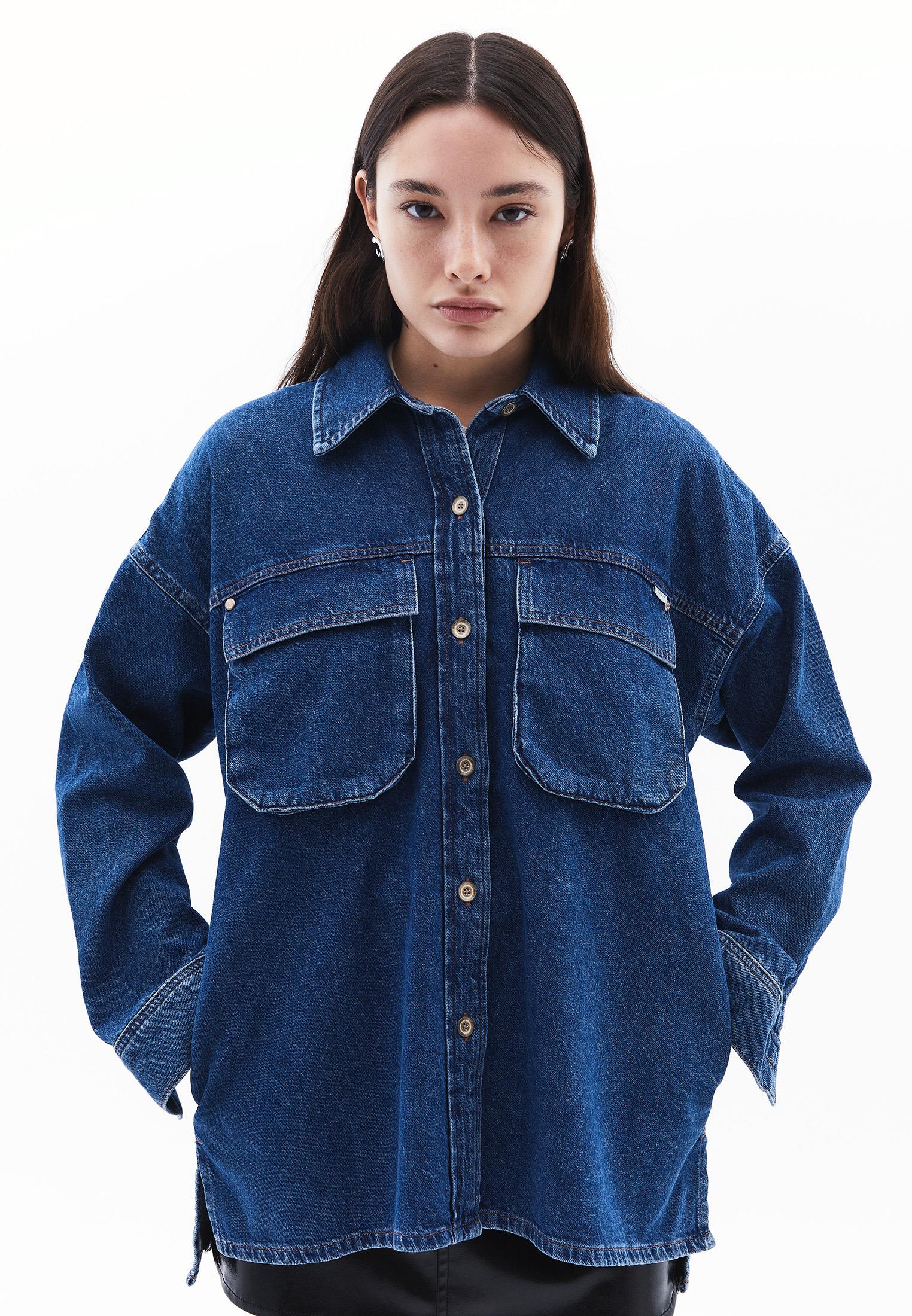 Oversize Denim Shirt With Pocket Detail - MID BLUE DENIM