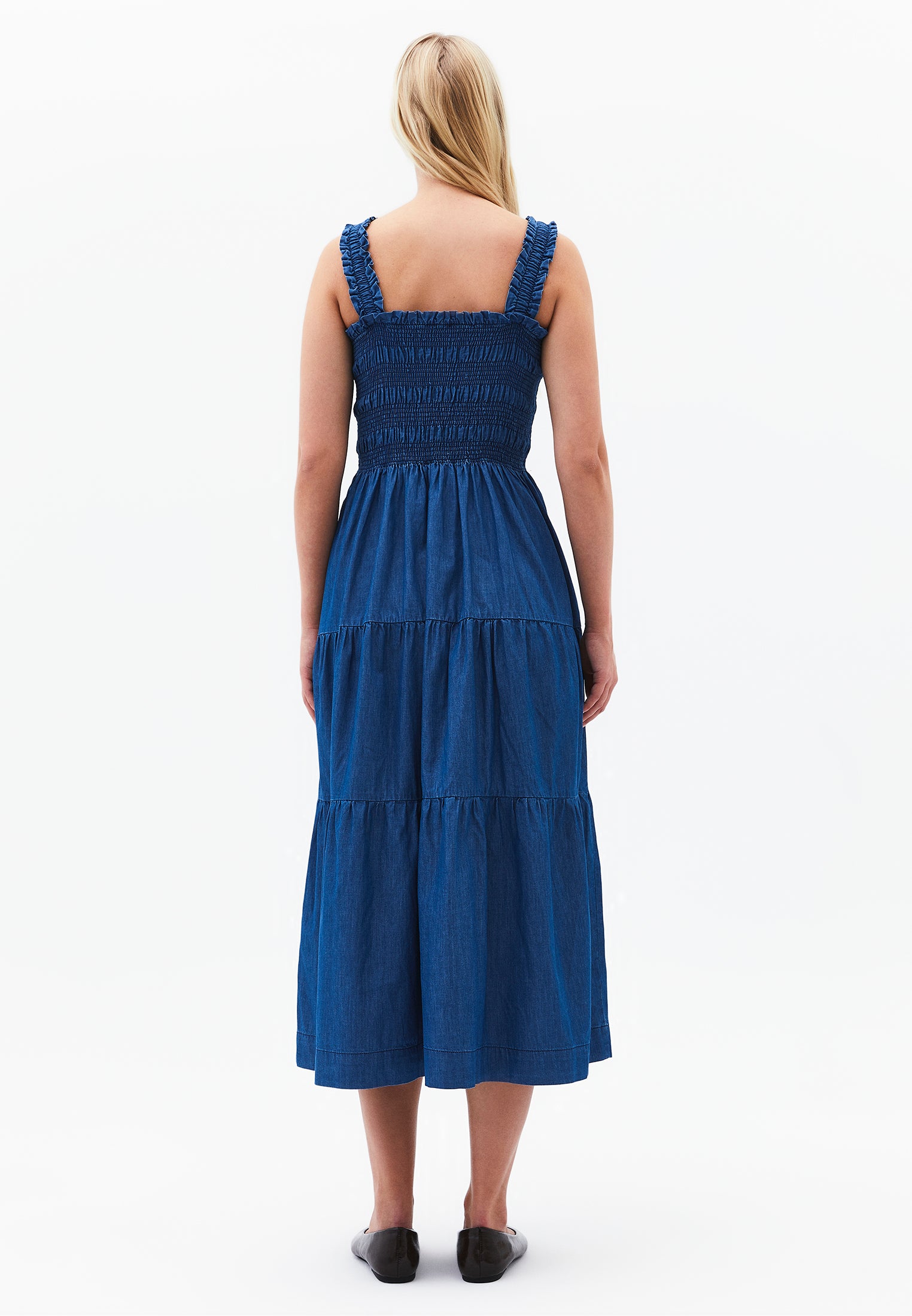 Square Neck Long Smocked Dress - MID BLUE DENIM